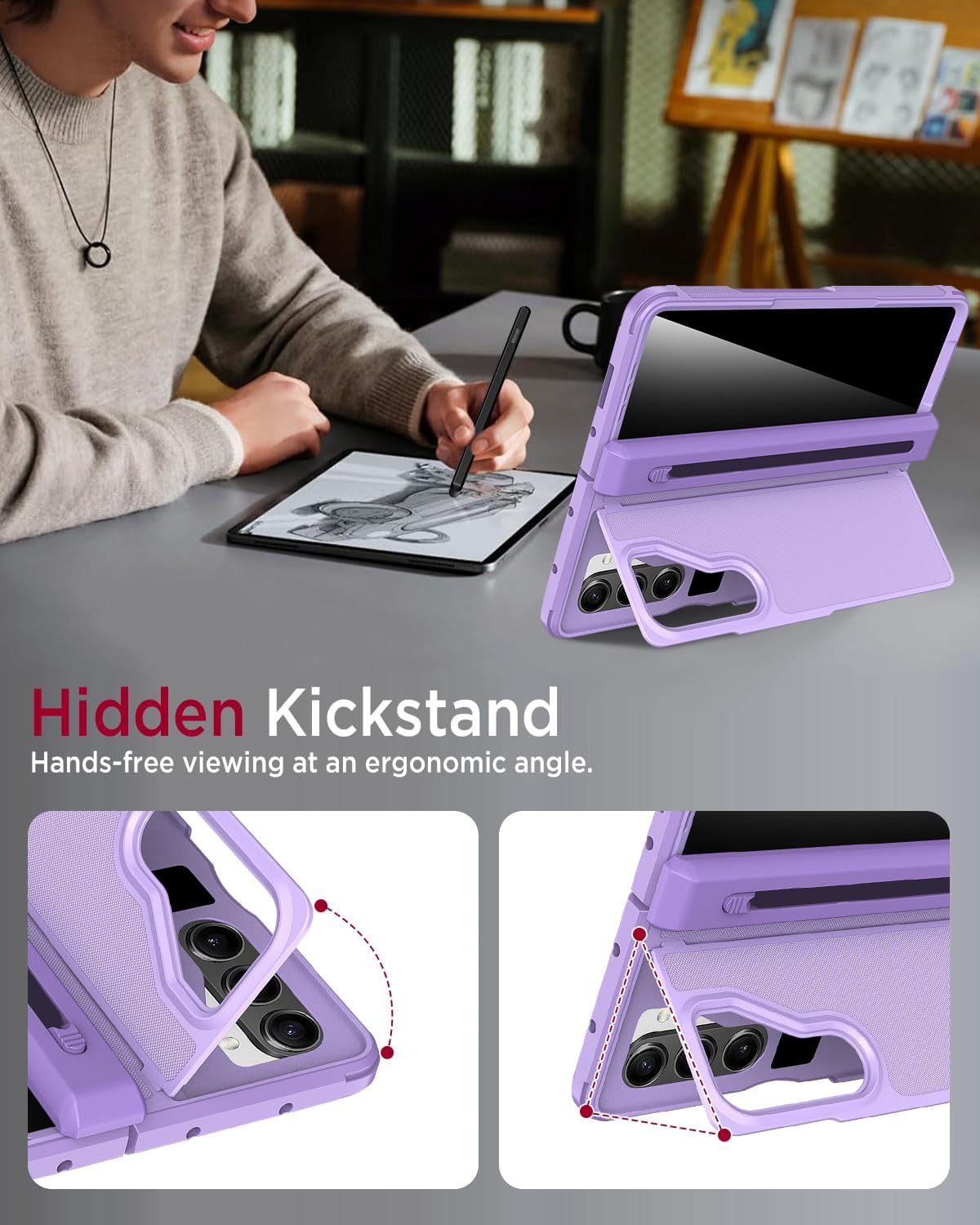 Miimall for Samsung Galaxy Z Fold 6 Case Kickstand Cover, Built-in S Pen Holder Hinge Protection & Privacy Screen Protector, Shockproof Anti-Slip Rugged Case for Z Fold 6, Purple image 3