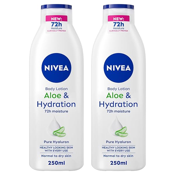 NIVEA Body Lotion for Normal to Dry Skin, Aloe & Hydration with 100% Pure Hyaluron, 72H Fast Refreshing Moisture, 2x250ml