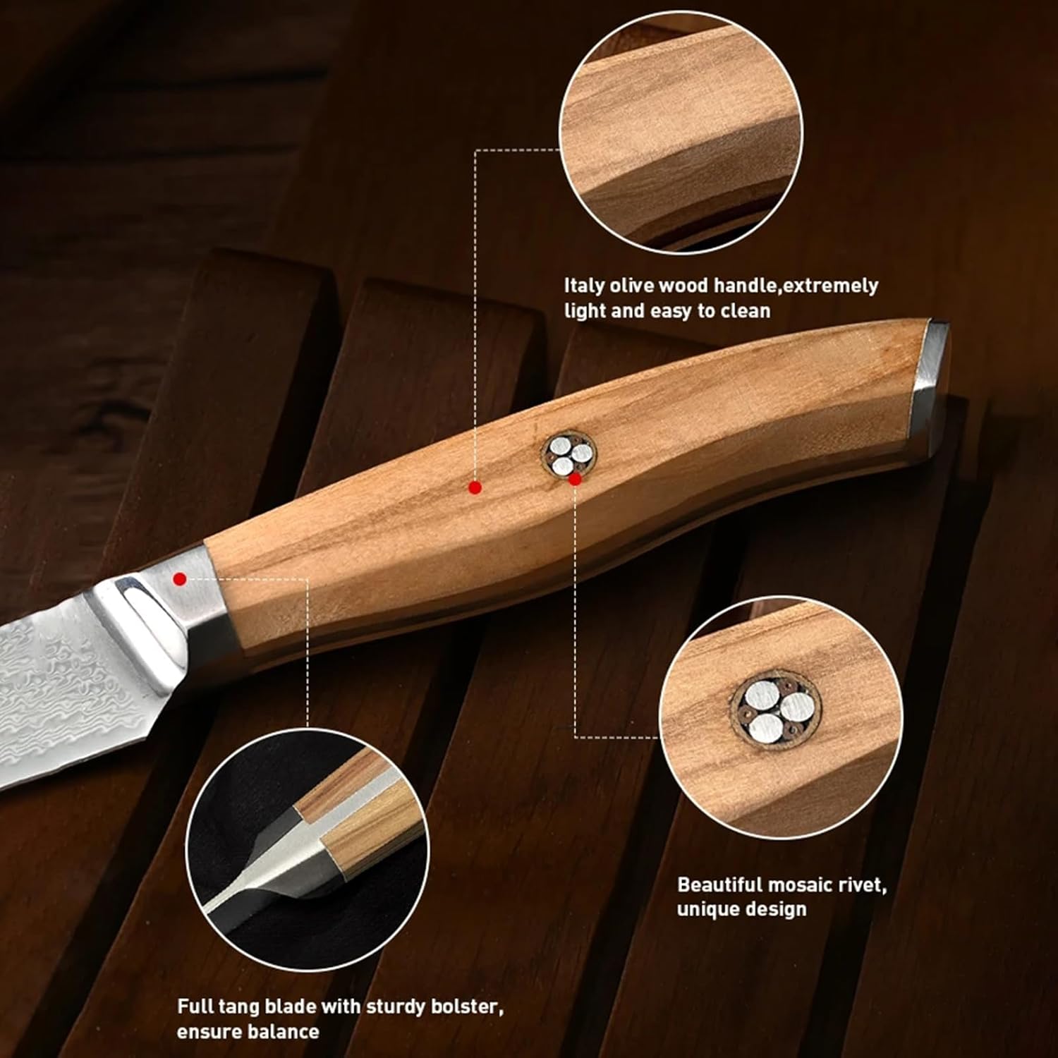 Steak Knives Set of 12 and Knife Holder (5-inch) Damascus Steel Steak Knife Set Olive Wood Handle Slicing & Cutting Dishwasher Safe Quality Stainless Steel Knife Set Ergonomic Design