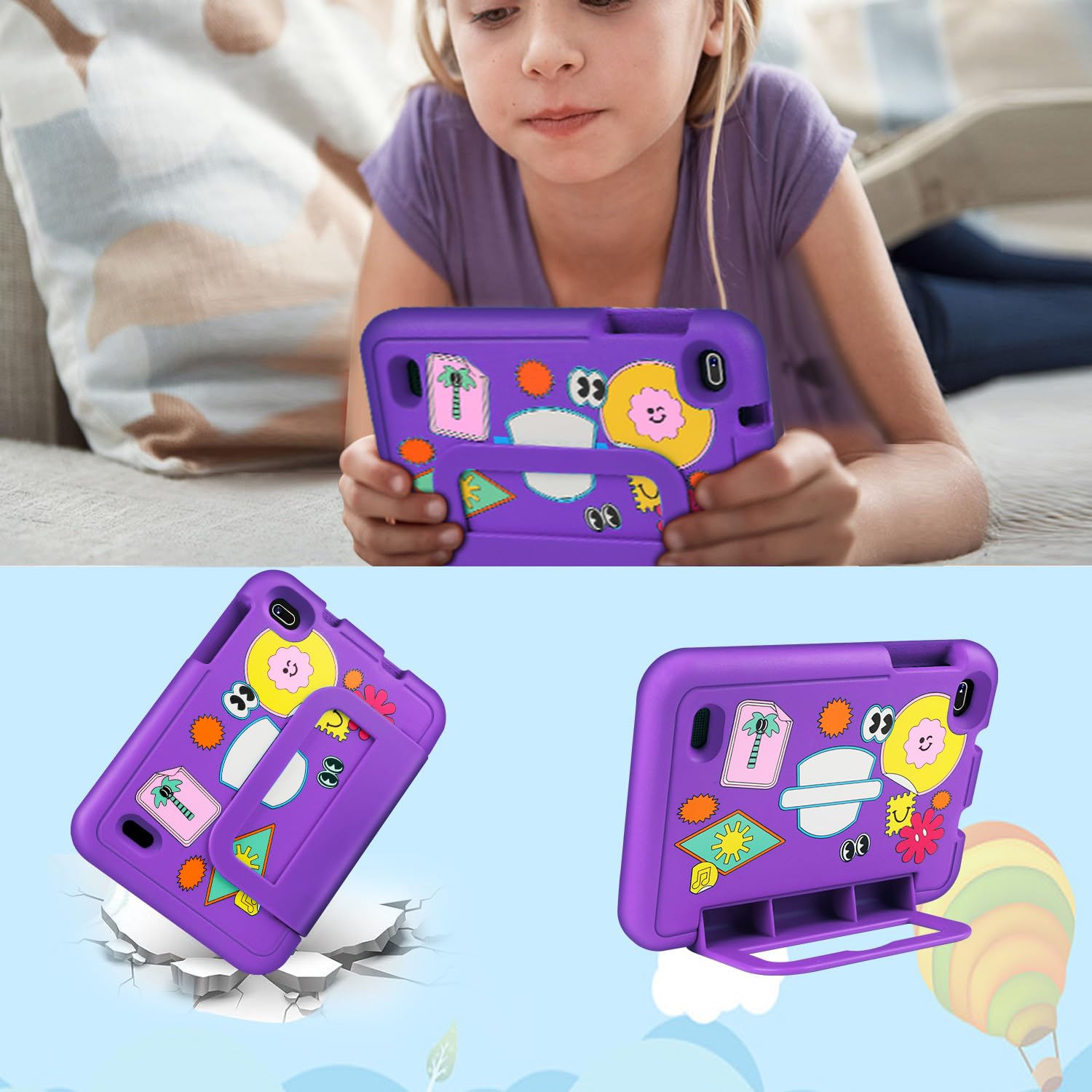 Tablet Bambini 7 pollici Android 13, 7GB RAM + 64GB ROM/TF 1 TB, Wi-Fi 6, BT 5.0, 8-core, Batteria 3500mAh, Controllo Parentale, Doppia Fotocamera, GMS, Tablet Bambini Con Custodia in EVA - Viola