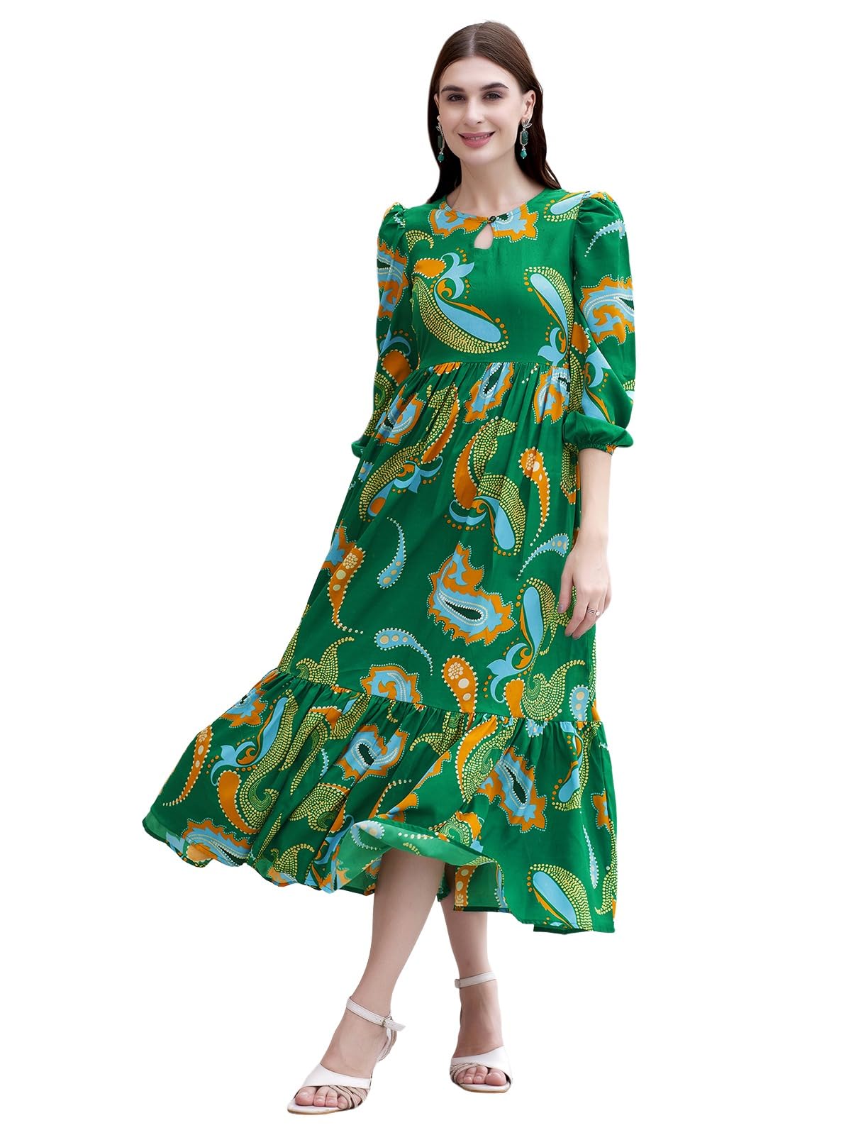 Selvia Western Dress For Women|Crepe Dress For Women|A-Line Dress|Printed Dress For Women|One Piece Dress For Women (715Dtk7935N-M_Green & Multi)