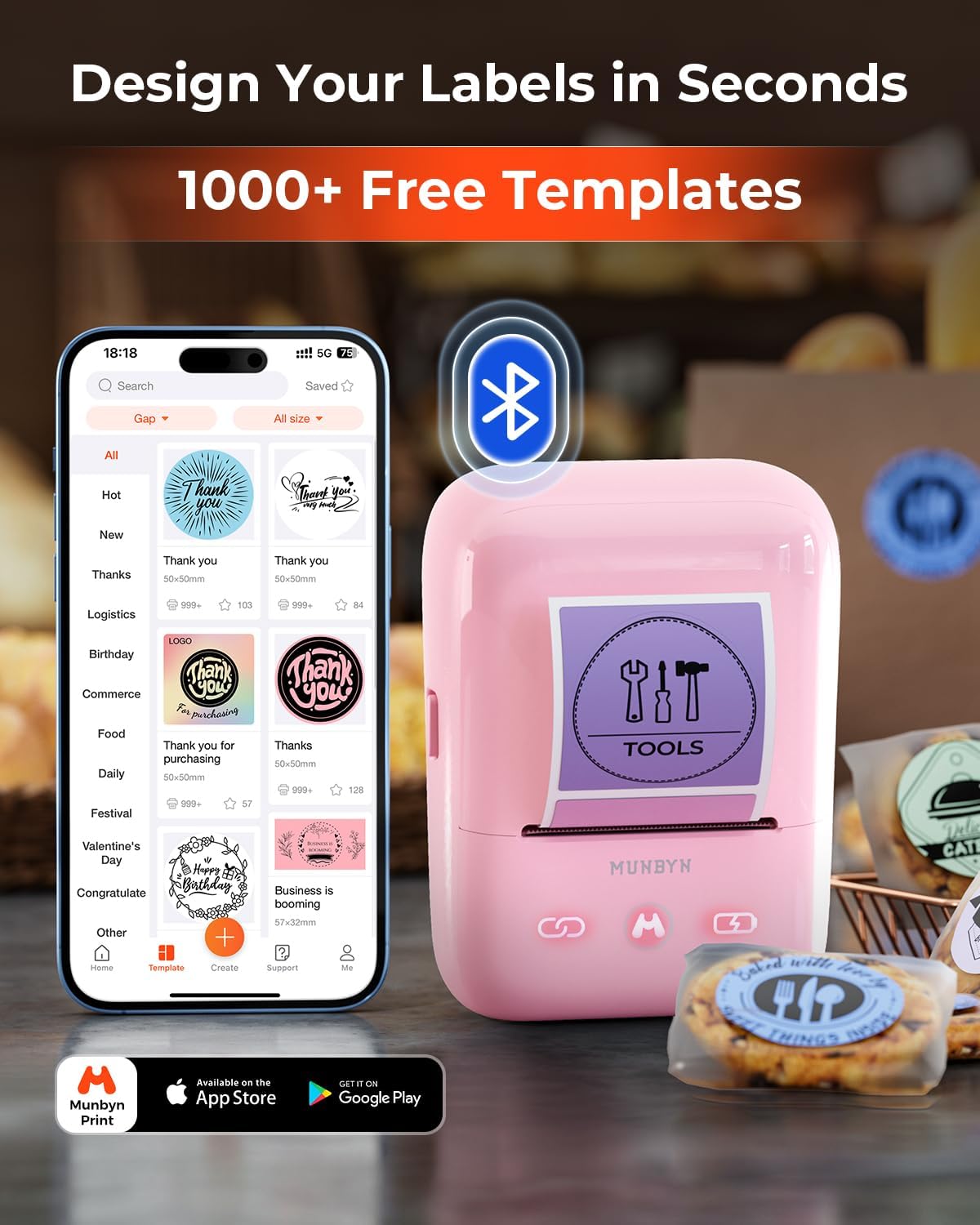 MUNBYN 5-in-1 Label Maker Machine – Bluetooth Thermal Label Printer for Stickers & Barcodes, App-Connected, Multiple Templates, No Subscription, Portable for Small Business, Home&Crafts, Pink - Image 5