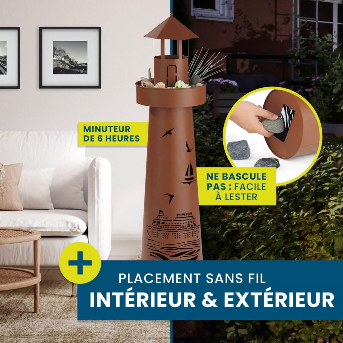 Hoberg Colonne de plantes LED | Design phare | Aspect rouille | Convient pour l'intérieur et l'extérieur | Eclairage LED | Minuterie 6h | Sans fil | Avec bac à plantes | Hauteur env. 80cm