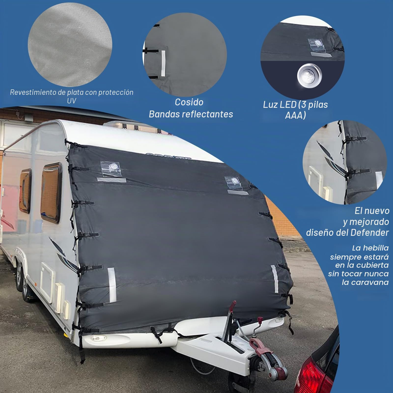 Cubierta universal delantera para remolque de caravana de 2,4 m con luces LED y tiras reflectantes - Protector impermeable parasol para sol/calor/escarcha/hielo/nieve