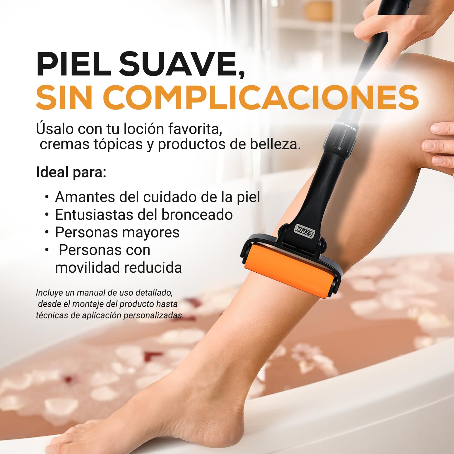 EZPIK Aplicador de Crema Espalda - Esponja con Mango Largo Extensible hasta 58 cm - Diseño Curvo para Aplicar Crema Espalda Solo y para Personas Mayores y con Movilidad Reducida