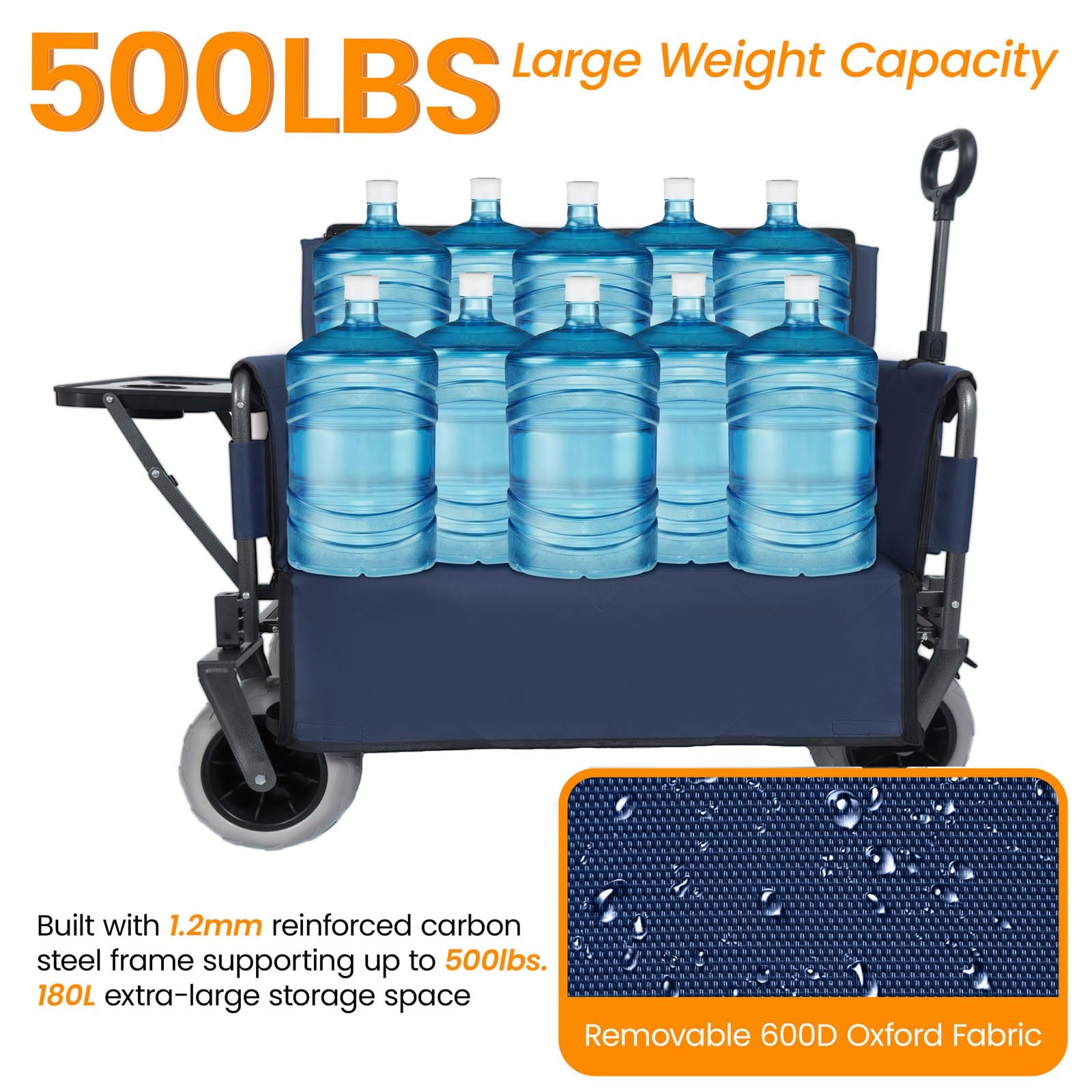 Carro utilitario plegable 3 en 1 resistente con toldo de 500 libras para camping, playa, jardín y pesca, ruedas AllTerrain, color azul para exteriores