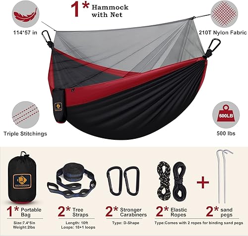 Miniatura 6 de Hamaca de camping con red, hamacas ligeras portátiles de viaje con correas para árboles y mosquetones sólidos en forma de D, hamaca de nailon de