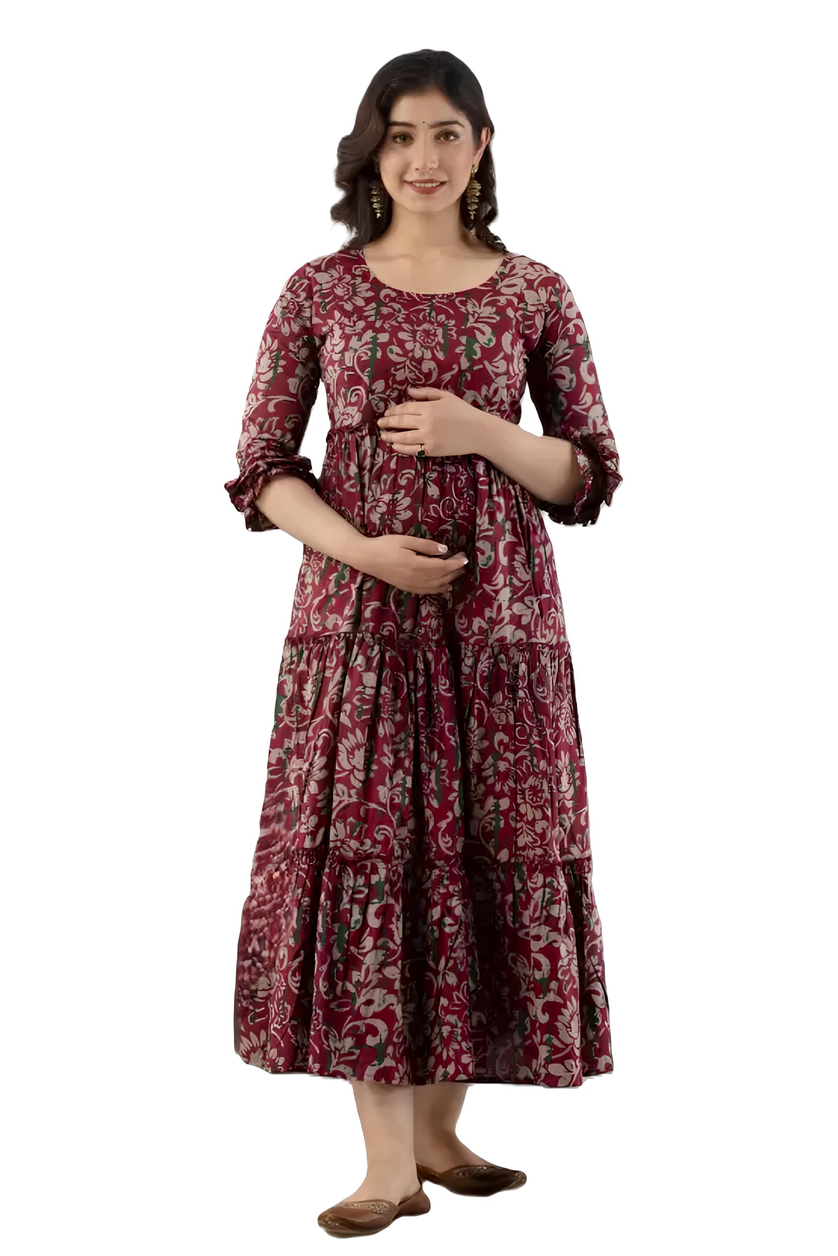 Women's Maroon Floral Print Maternity Maxi Dress-picture-43
