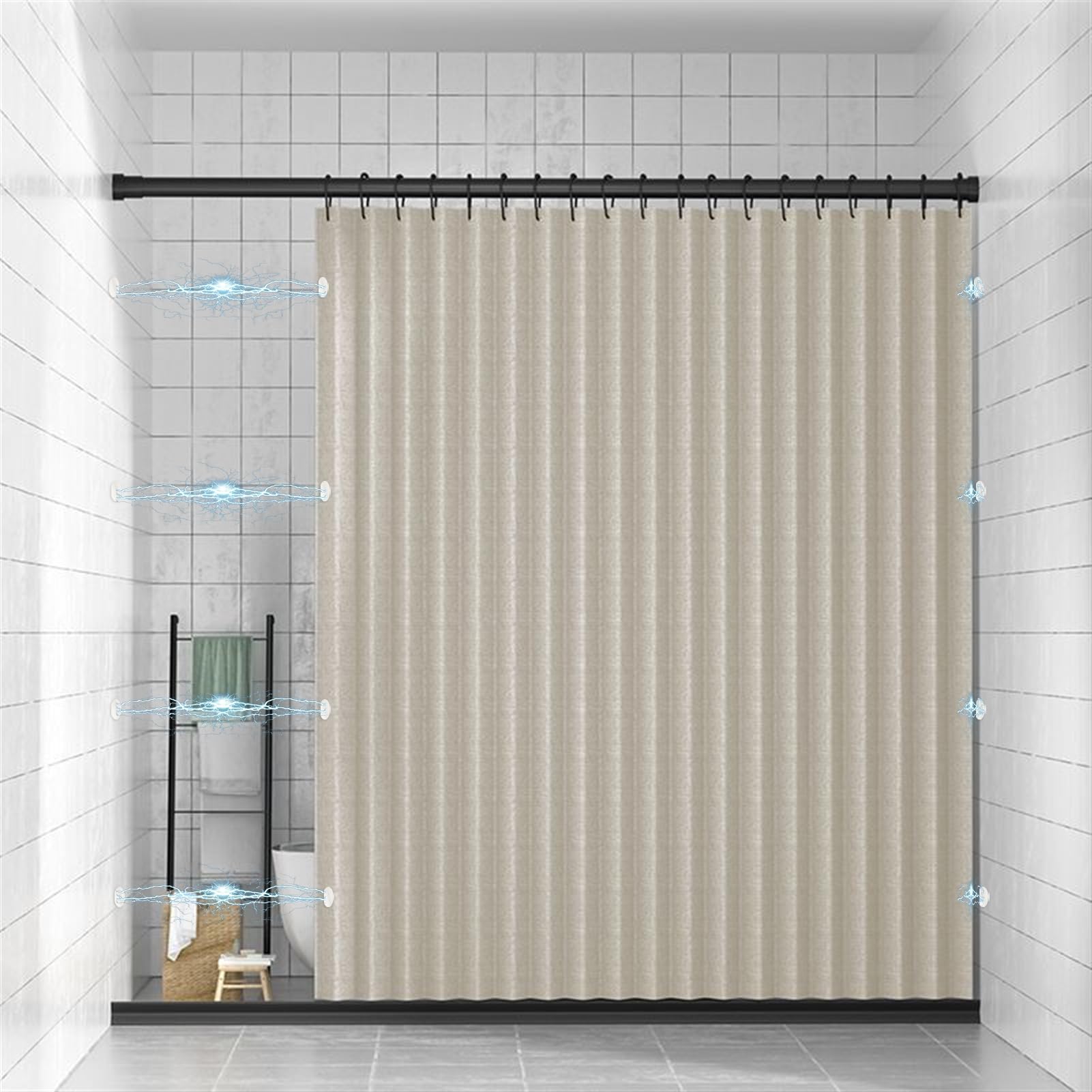 Cortina de Ducha Magnética Plegable, Impermeable y Antimoho con Gancho, Lavable, de Tela Resistente para Baño, 220g/m², Beige, 150x200cm
