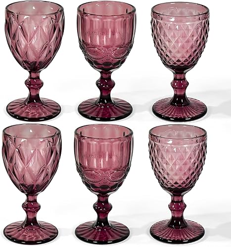 Juego de 6 copas de vino vintage, copas de agua de vidrio de colores de 8 onzas, juego de tazas de cristal decorativas florales en relieve, aptas