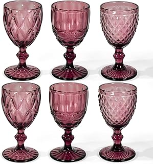 Vintage Wine Glasses Set of 6, 12 OZ Colored Glass Water Goblets, Emboss...