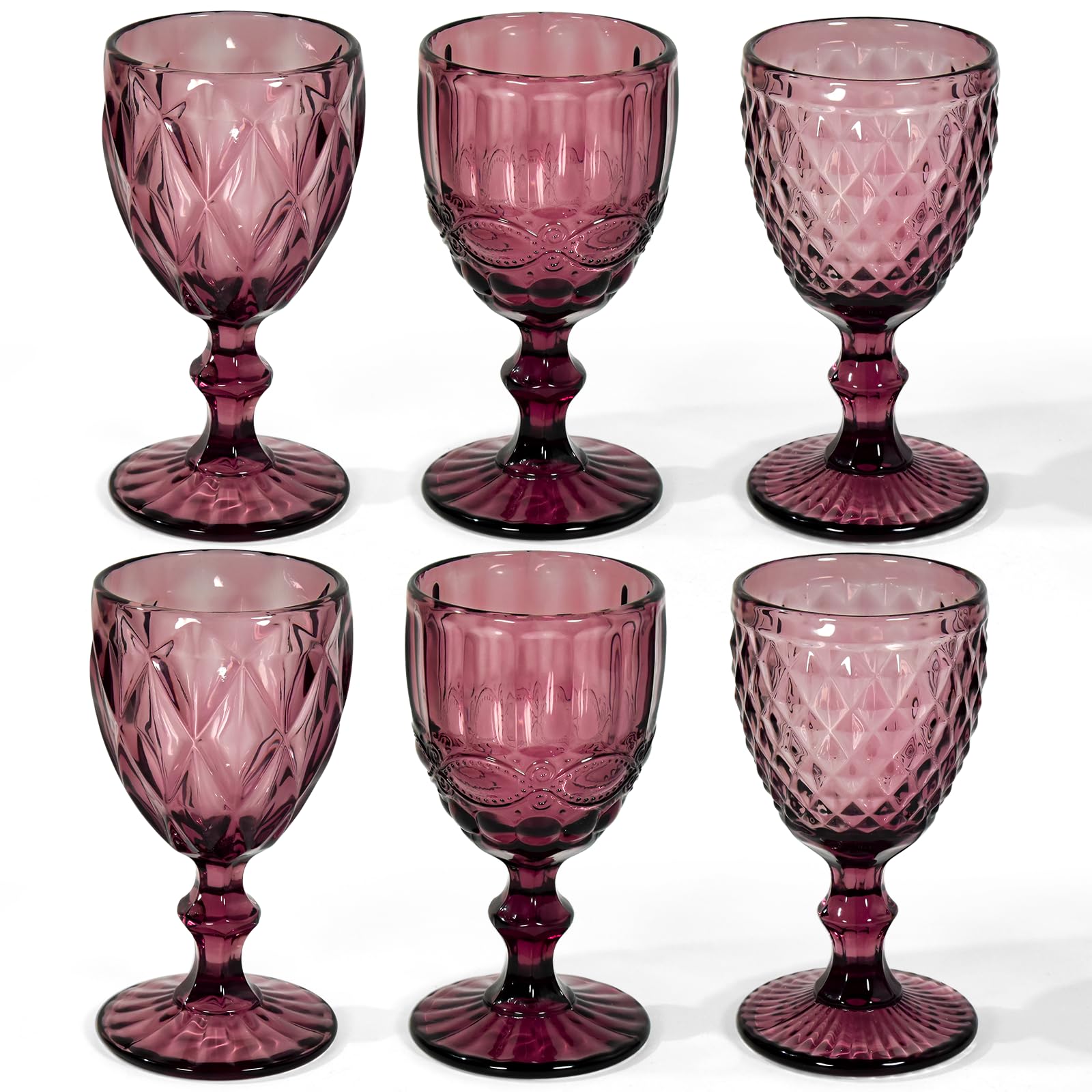 CHLJAR Juego de 6 copas de vino vintage de vidrio de colores de 12 onzas, juego de vasos de cristal decorativos florales en relieve, aptos para lavavajillas, para bodas, fiestas, copas de vino tinto