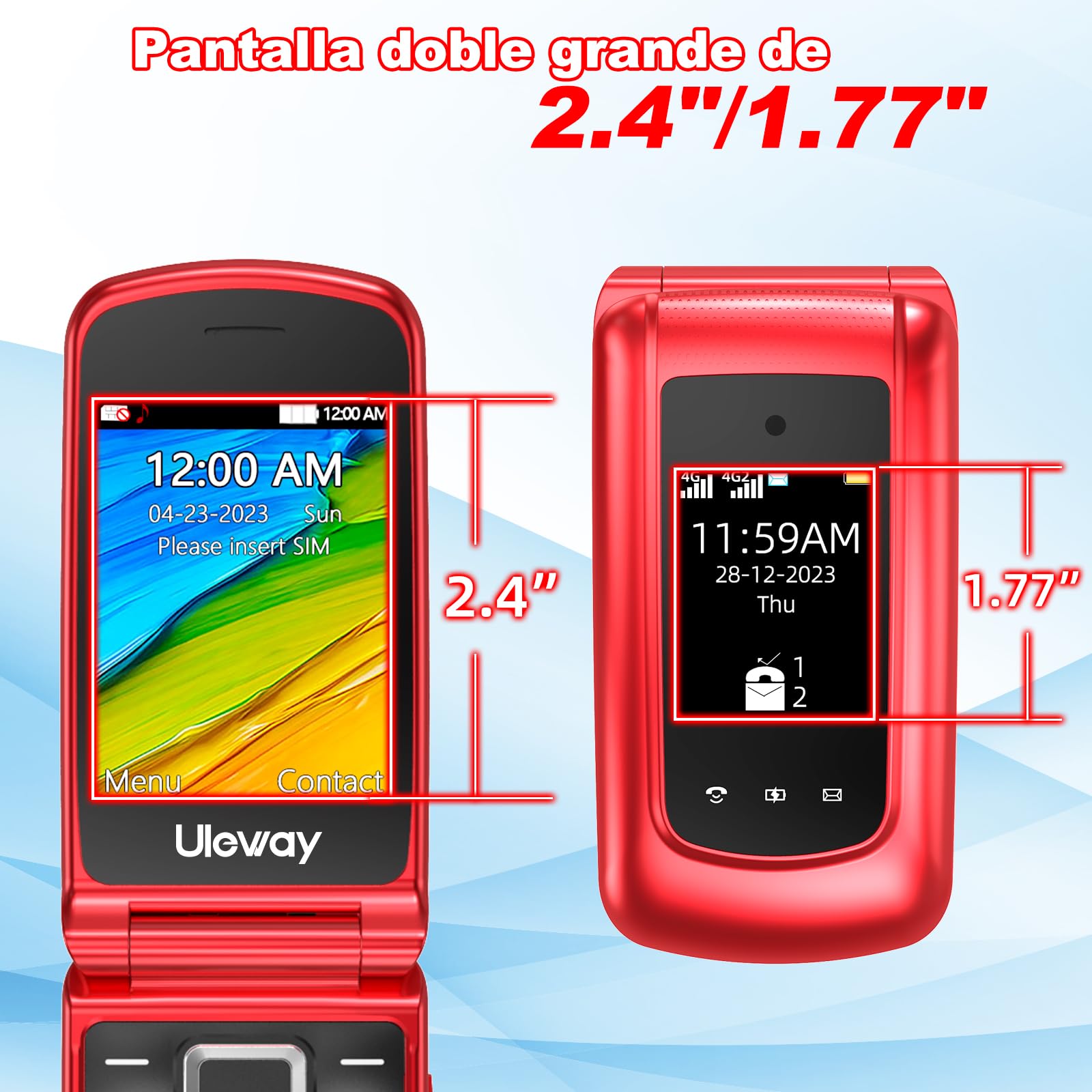 CHAKEYAKE 4G Telefono Movil para Mayores Libre con Teclas Grandes, Doble SIM Doble Pantalla LCD, Teléfono Móvil Personas Mayores con Botón SOS, Cable USB C | Batería 1000mah | Base Cargadora | Rojo
