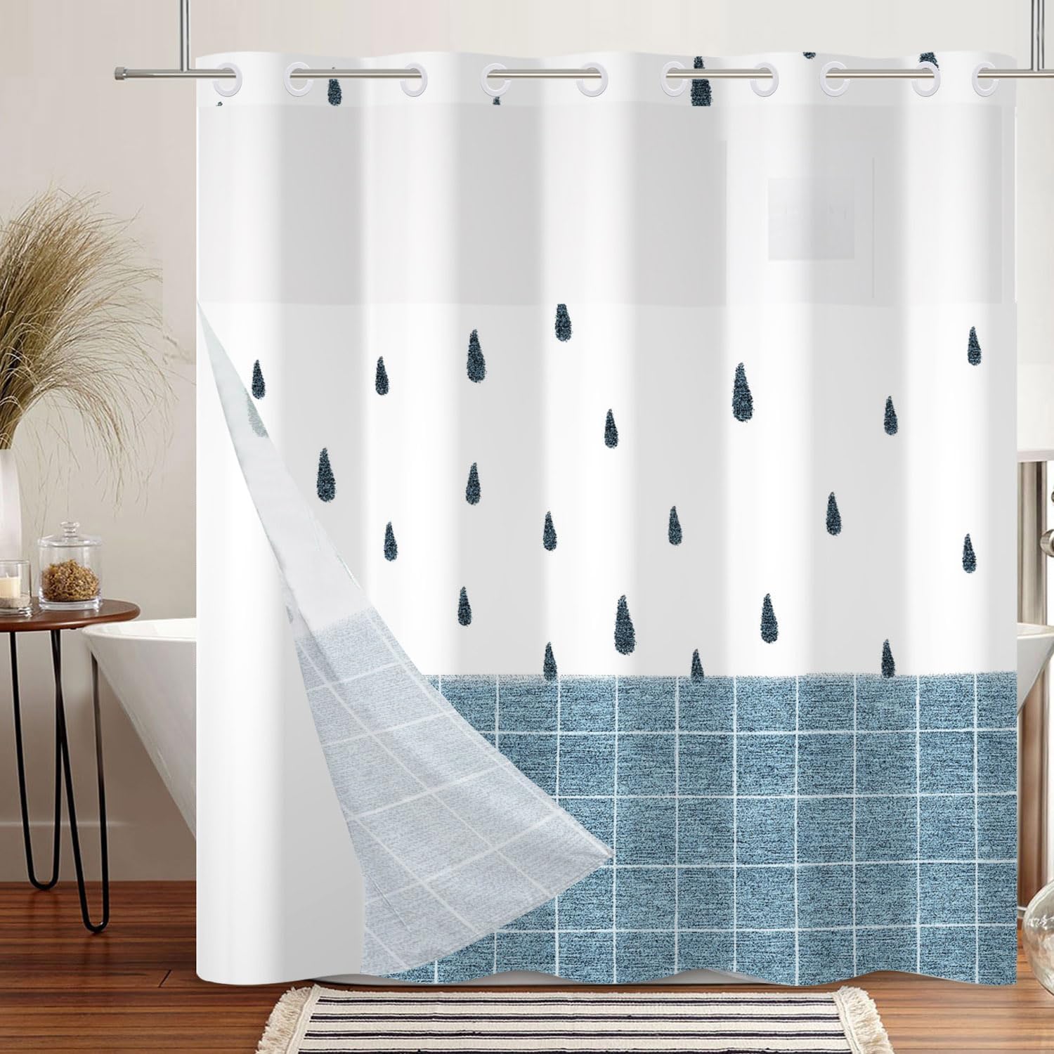 No Hook Shower Curtain with Snap in Fabric Liner Set for Bathroom Pink Love Heart Shaped Modern Hotel Shower Curtains Double Layers Fabric Washable 71x74 Inch