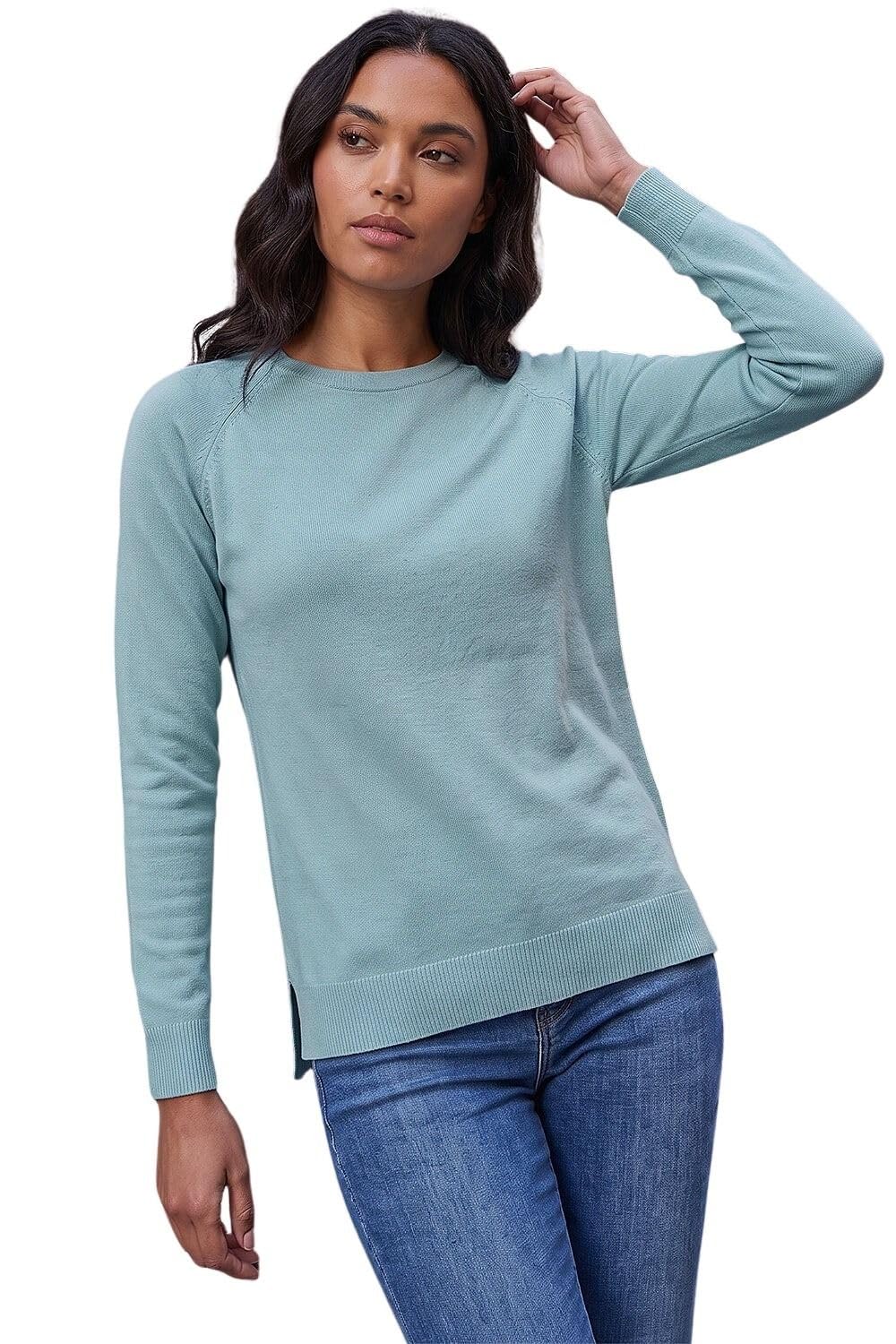 Roman Originals Women's Steel Blue Roman Soft Jumper For Uk Winter Autumn Sweater Knit Knitwear Round Crew Neck Top Plain Lightweight Comfy Long Sleeve Split Hem Everyday Daywear - Size 18