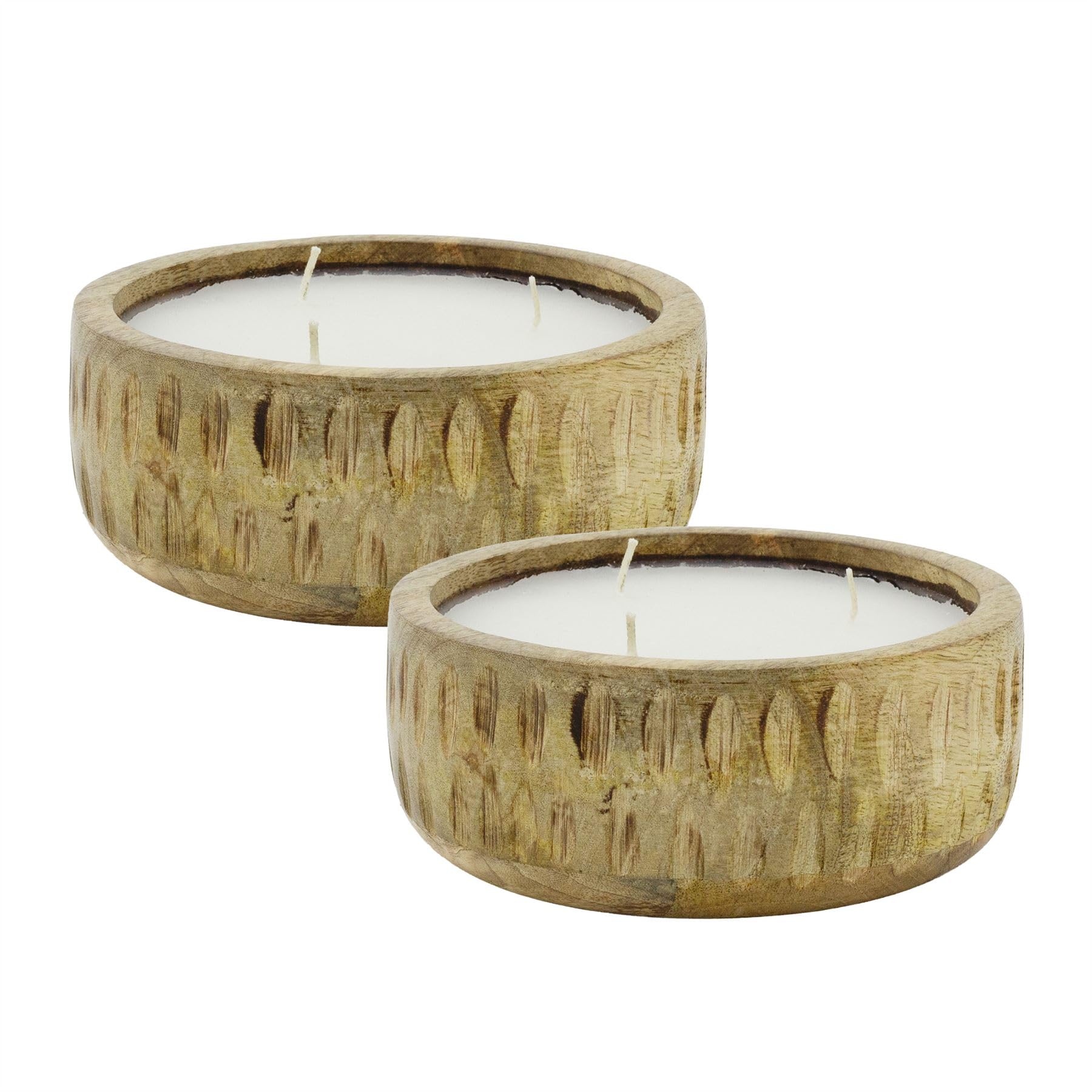 Set of 2 Large Mango Wood 3-Wick Candles, White Scented Candles with Sandalwood & Bergamot Fragrance, Rustic Wooden Holders