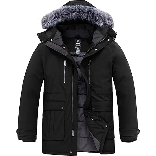 wantdo Men's Big and Tall Winter Coat Warm Long Puffer Jacket Thickened Snow Parka Outerwear with Removable Fur Hood