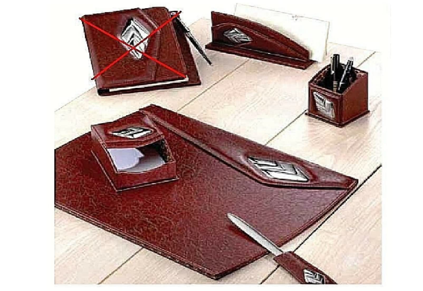 SET UFFICIO e SCRIVANIA 5 PEZZI (NO RUBRICA con PENNA) in ECOPELLE MARRONE e nr.5 LASTRE IN ARGENTO 925% 1340/M
