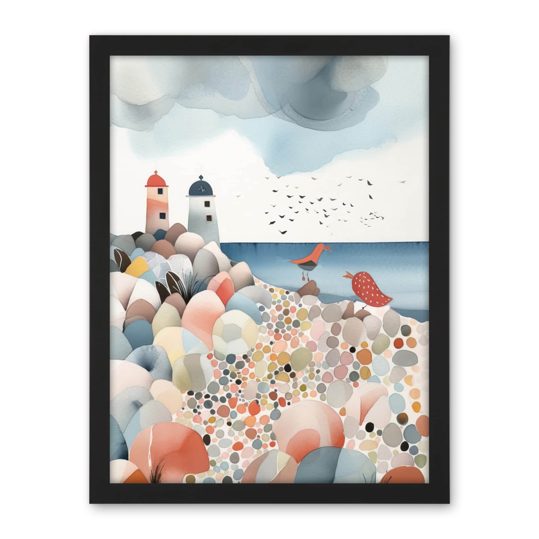 Artery8 Lighthouses On Multicoloured Pebble Beach Watercolour Painting Artwork Framed Wall Art Print 18X24 Inch