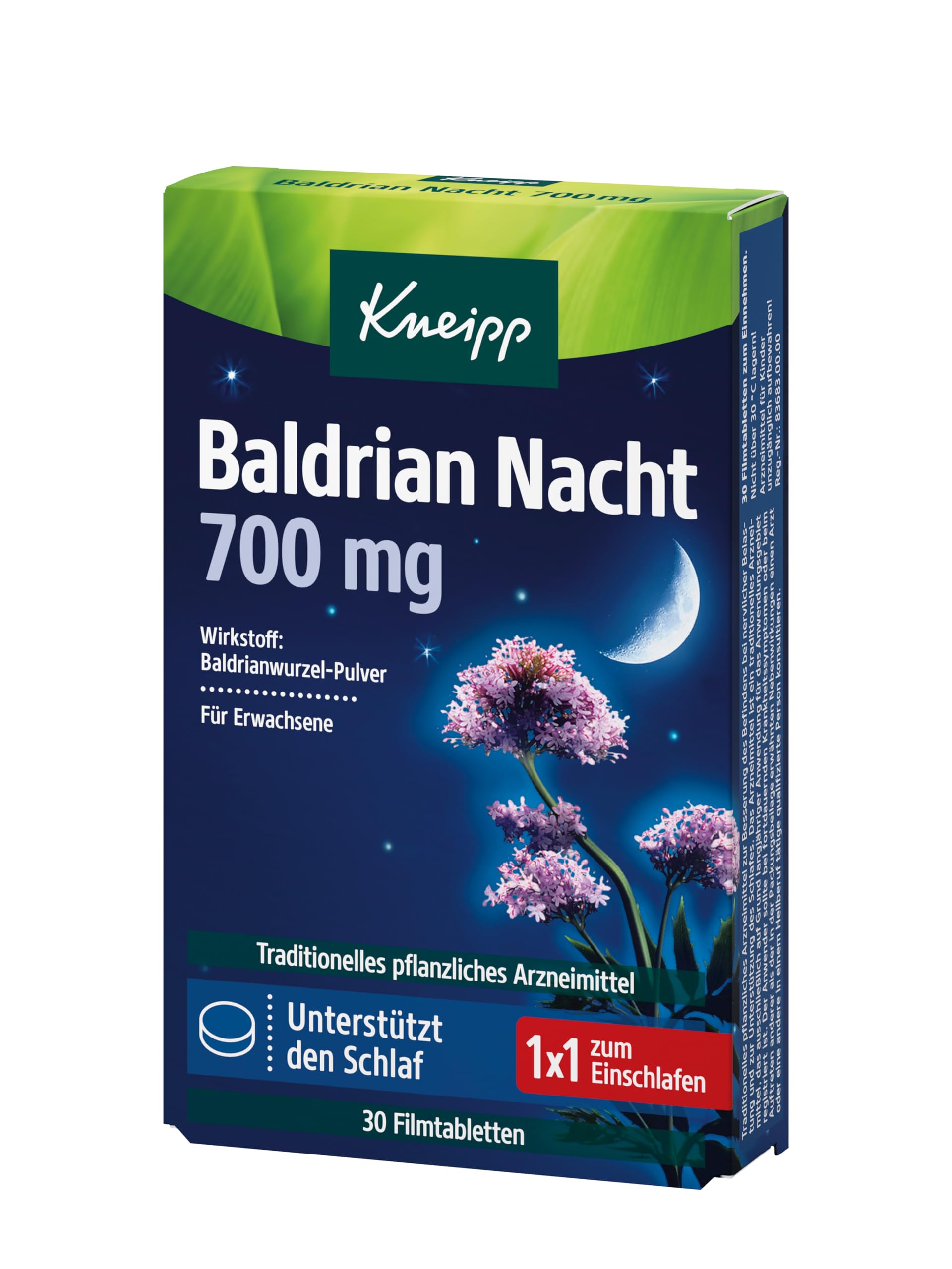 Kneipp Baldrian Nacht 700 mg – Unterstützt den Schlaf - Traditionelles pflanzliches Arzneimittel - 30 überzogene Tabletten