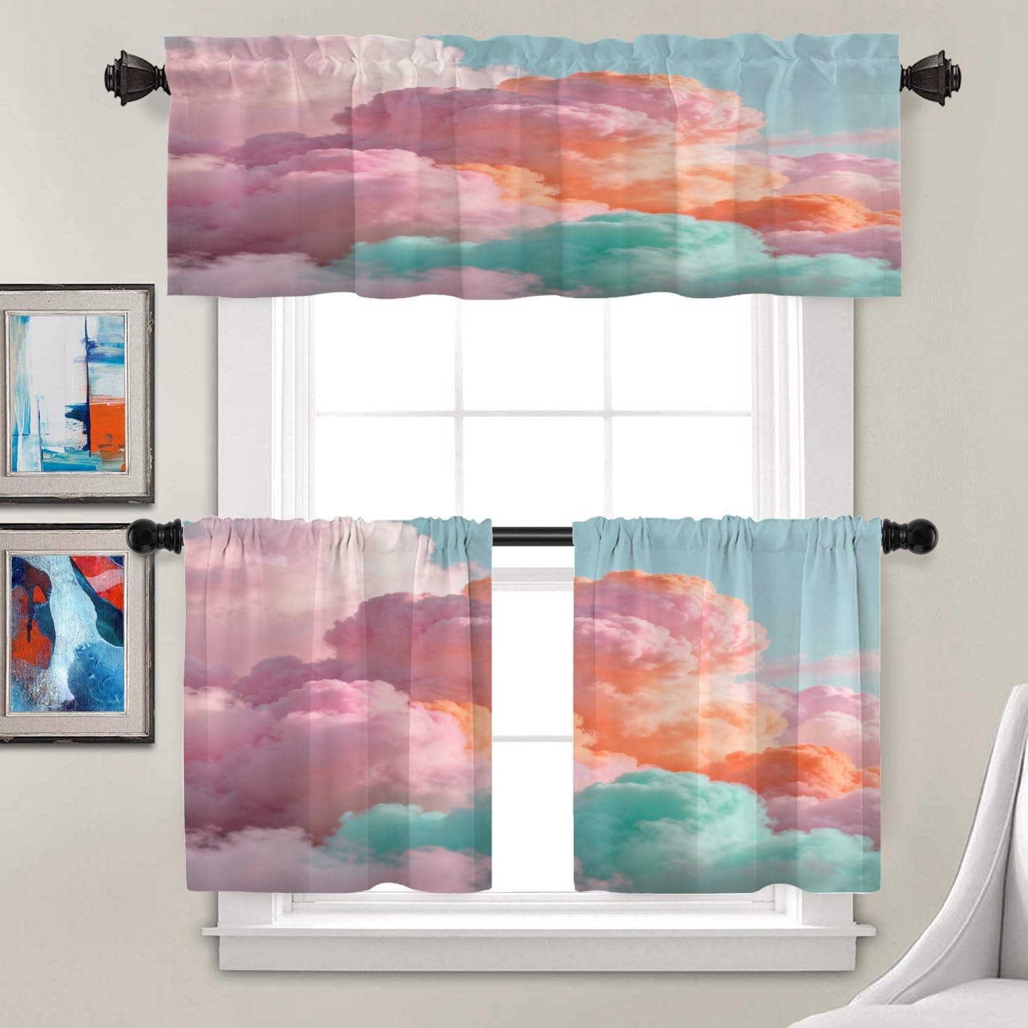 Batmerry Sun Cloud Pastel Valance,Pastel Rainbow Pink Blue Yellow White Colorful Window Curtains Valance for Kitchen Living Dining Farmhouse,2 Pack 52x 18 inch
