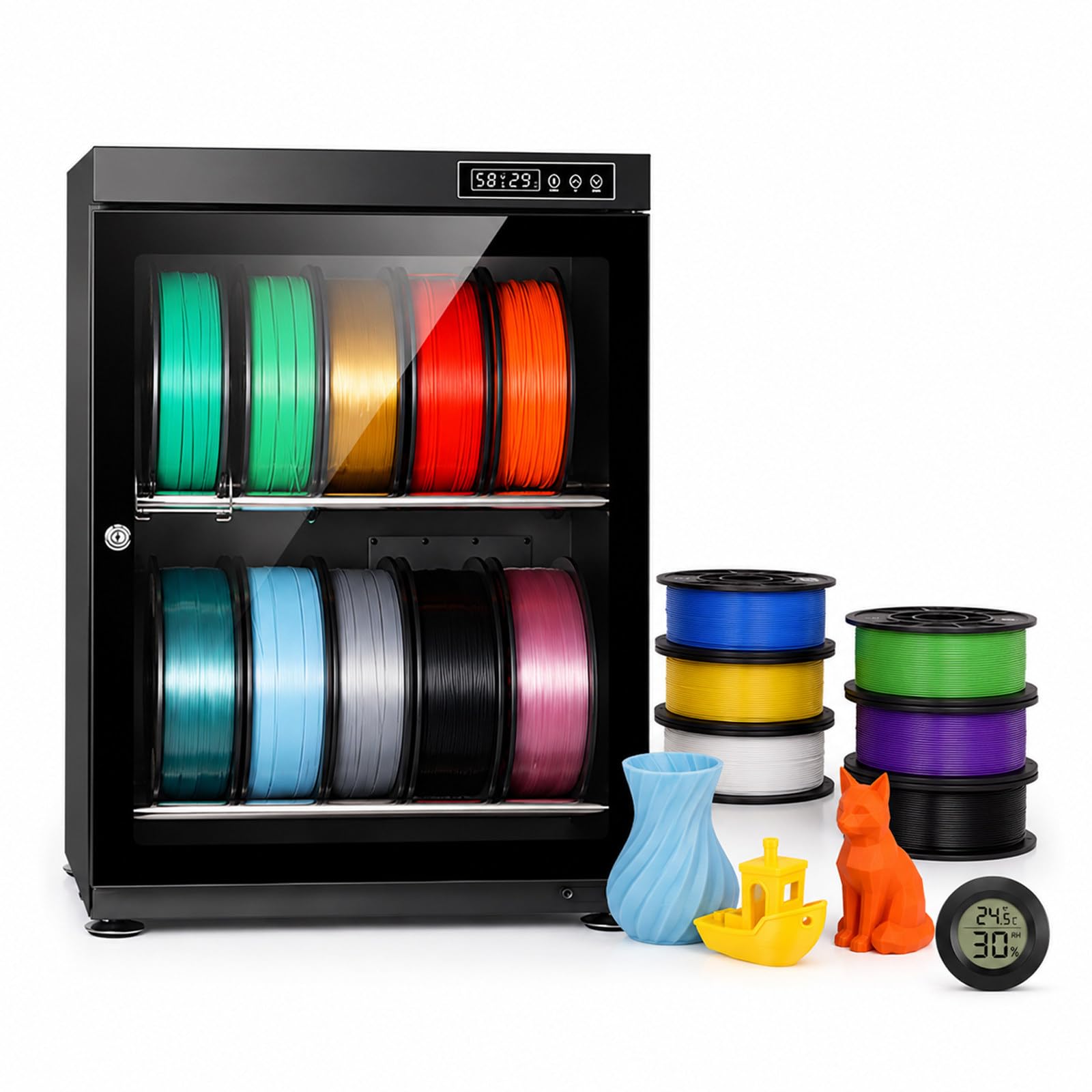 JIYINGHUI 3D Printer Filament Dryer Box,Holds 10-18 Rolls, w/Auto Humidity Control (RH15%-RH60%), Transparent Glass & Aluminum Alloy, for PLA PETG ABS TPU 70L