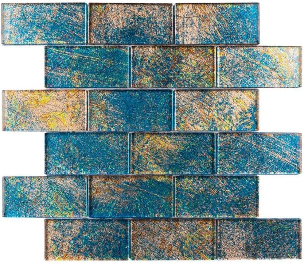 Tenedos 2x4 Glossy Glitter Blue Red Sky Glass Subway Mosaic Tile Sparkling Finish for Kitchen Backsplash Bathroom Shower Wall Accent Decor (1 Sheet)