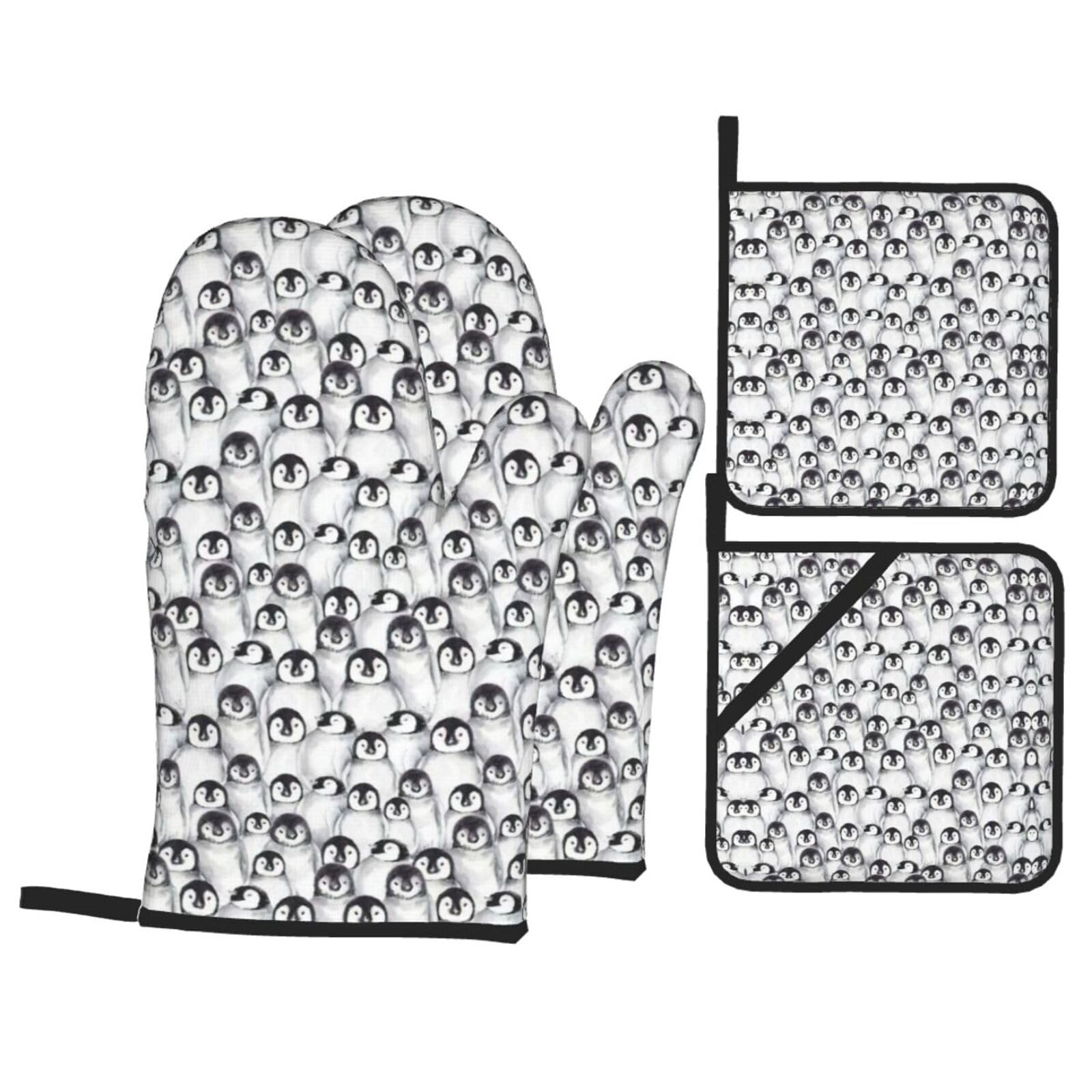 Cute Penguins Sketch Print Oven Microwaving Waterproof Kitchen Gloves for Baking Grilling Holiday Cooking