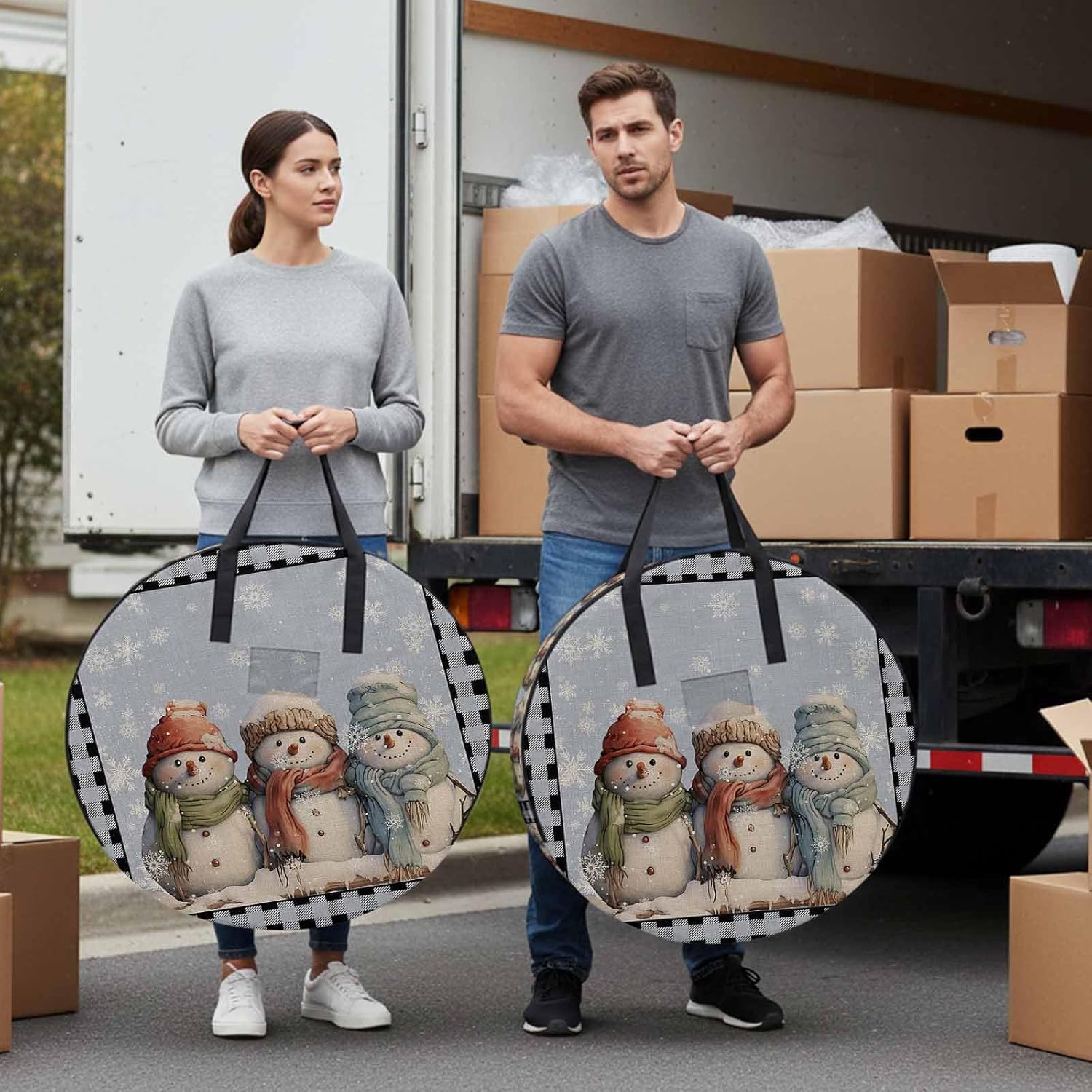 Christmas Cartoon Round Storage Bag 36 Inch, Snowman Black Plaid Clothes Storage Container with Handles Heavy Duty Organizer for Comforter, Bedding & Holiday Wreaths