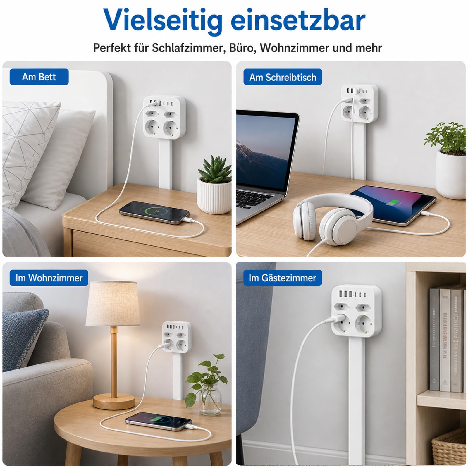 Rozszerzalna listwa zasilająca, wysuwana, od 45 do 65 cm, listwa zasilająca z USB, 3 gniazda USB i 3 gniazda typu C, 4 gniazda AC, przedłużacz, montaż na ścianie, sofa, łóżko