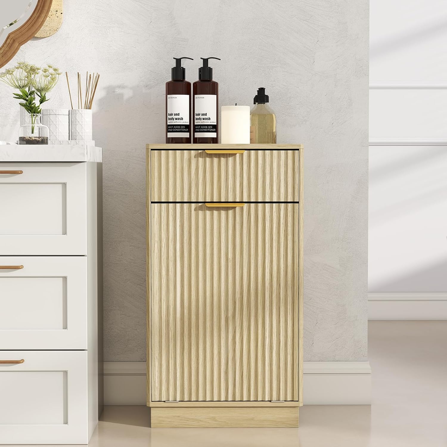 Modern Tilt-Out Trash Can Cabinet, 10 Gallon Fluted Hidden Wood Garbage Can Bin with Drawer, Tilt Out Laundry Hamper Cabinet, Pet Proof Trash Can Holder for Bathroom, Kitchen, Living Room (Natural)