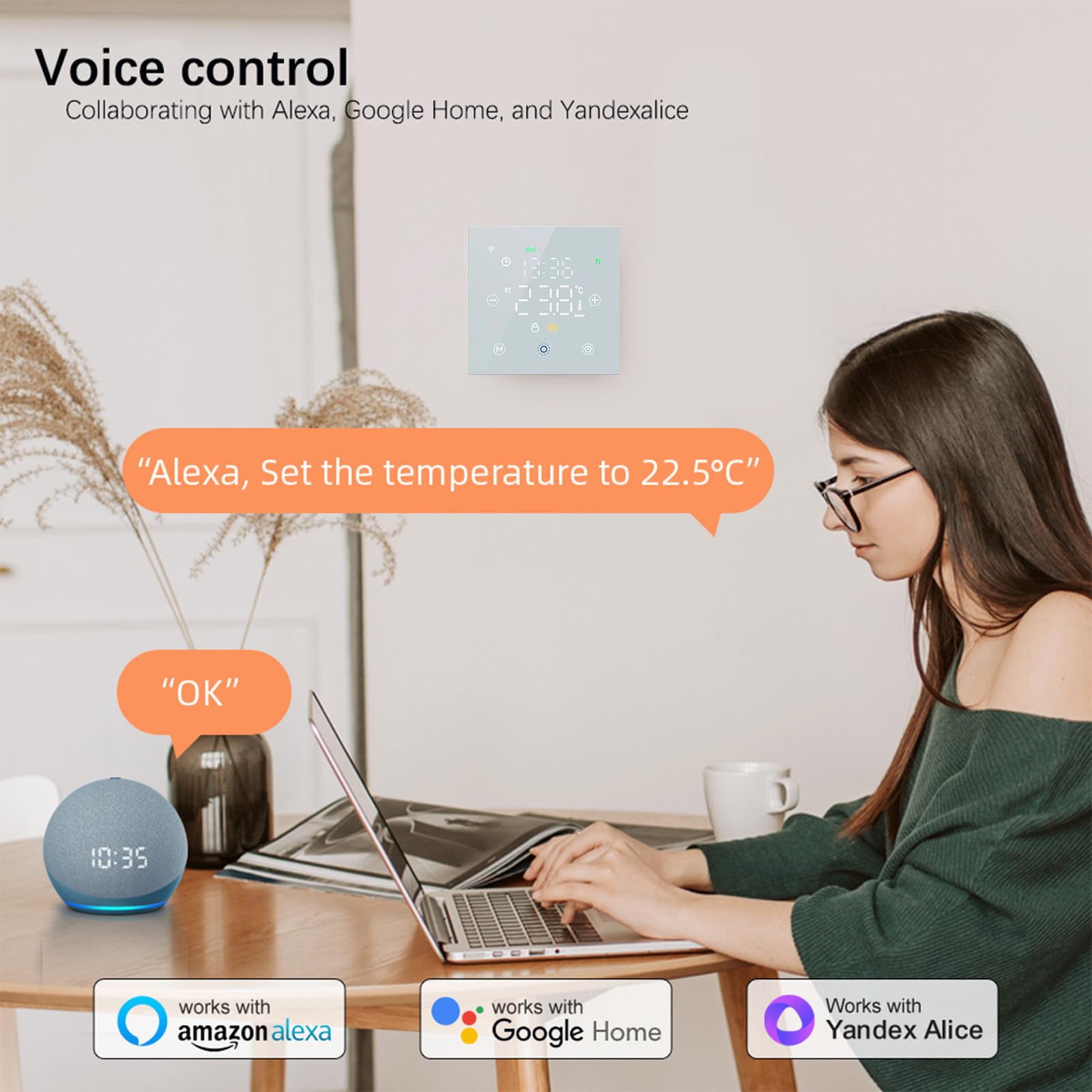 WiFi Termostato Regolatore di Temperatura Smart Life APP Telecomando per Riscaldamento Elettrico Compatibile con Alexa Google Home, Bianco Font Display