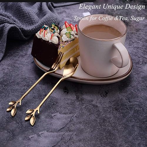 Miniatura 3 de Gold Leaf - Cuchara de café expreso para aperitivo, tenedor de postre, helado para té, azúcar, tenedor para pastel de frutas, acero inoxidable de