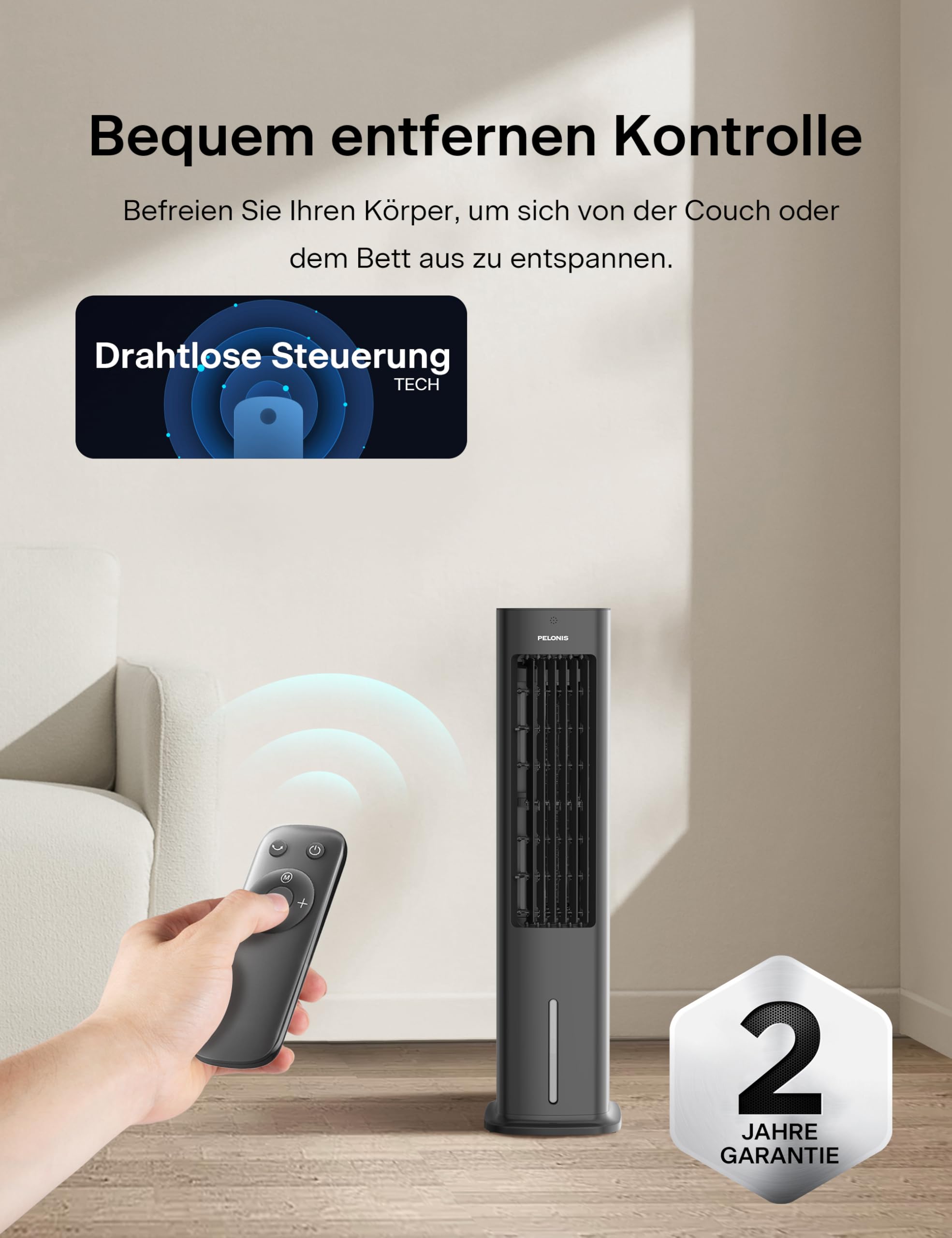 PELONIS 5L Verdunstungskühler mit Fernbedienung, 3-in-1 Tragbarer Luftkühler, Ventilator, Luftbefeuchter, Automatische Oszillation, 3 Stufen Timer 7H, 2 Kühlpads