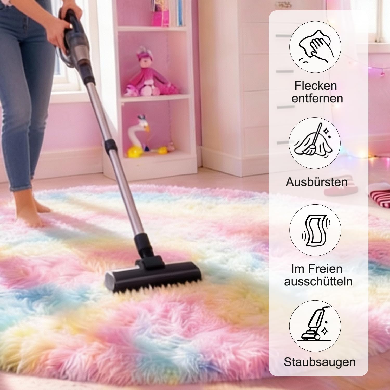 Teppich Kinderzimmer Rund 100 cm Regenbogen | Waschbar, Kinderzimmer Mädchen Junge, OEKO-TEX Zertifiziert, Schlafzimmer, Flauschig, Rutschfeste Unterseite