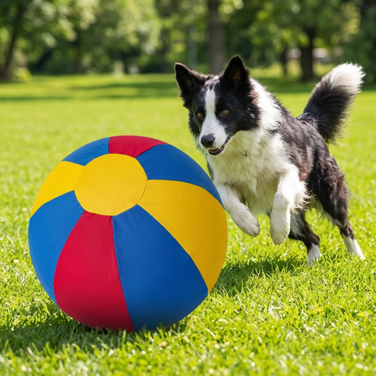 Hundeball mit Stoffbezug strapazierfähig aufblasbarer Hundeball reißfest Haustierspielzeug für Hundetraining, Garten, Rot-Blau-Gelb, 55cm