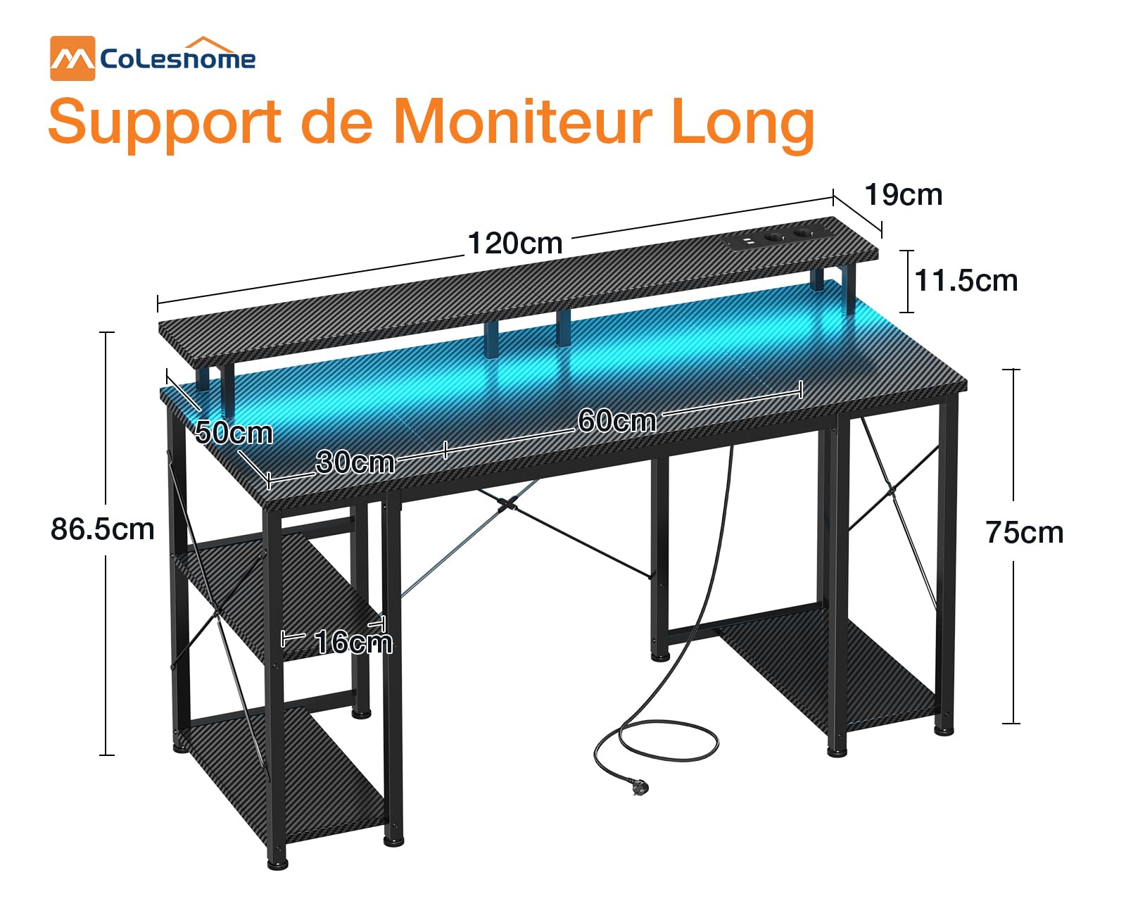 Coleshome Bureau Gaming avec éclairage LED, 120x50cm Bureau Ordinateur avec 2 Prises électriques & 2 Ports USB, Bureaux Informatique avec Support d'écran, Petit Bureaux à Domicile, Noir Carbone