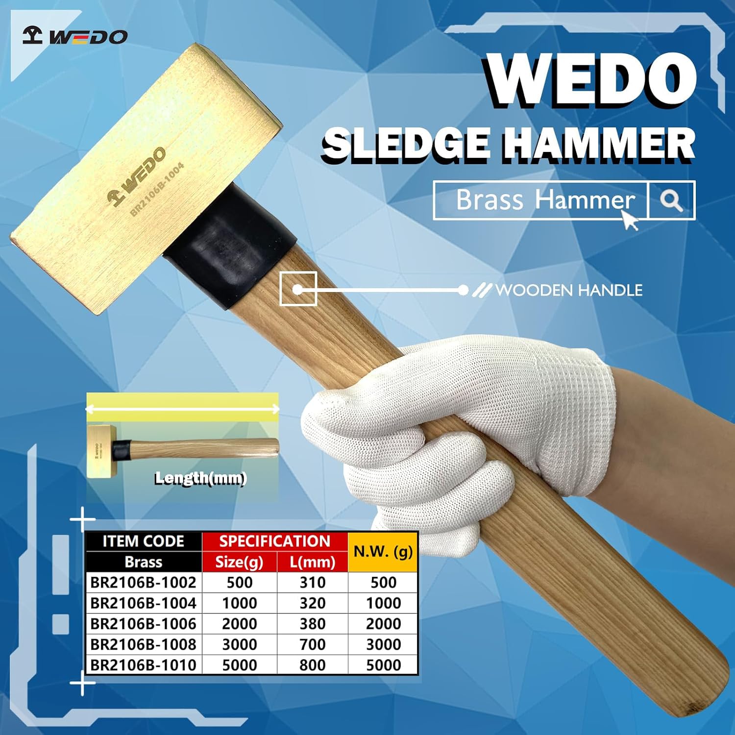 WEDO Brass Flat Hammer 1000g(2lb), Sledge Hammer with Fiberglass Handle, Length 320mm(13"), Die-Forged, Corrosion Resistant