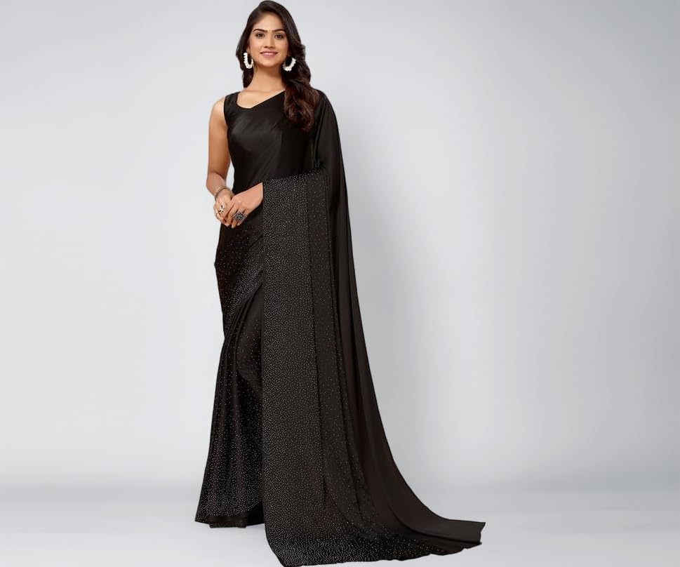 - Women's Satin Silk Hot Fixing Stone Work Saree with Unstitched Blouse