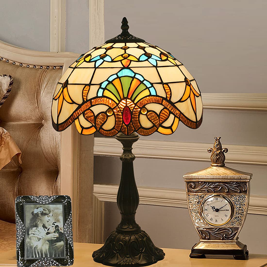 Lampa stołowa Tiffany Witraż Żółta, z mgiełką, brązowa, z żywiczną podstawą, 12 cali, stolik nocny, vintage, lampka do komody, wtyczka do salonu, sypialnia