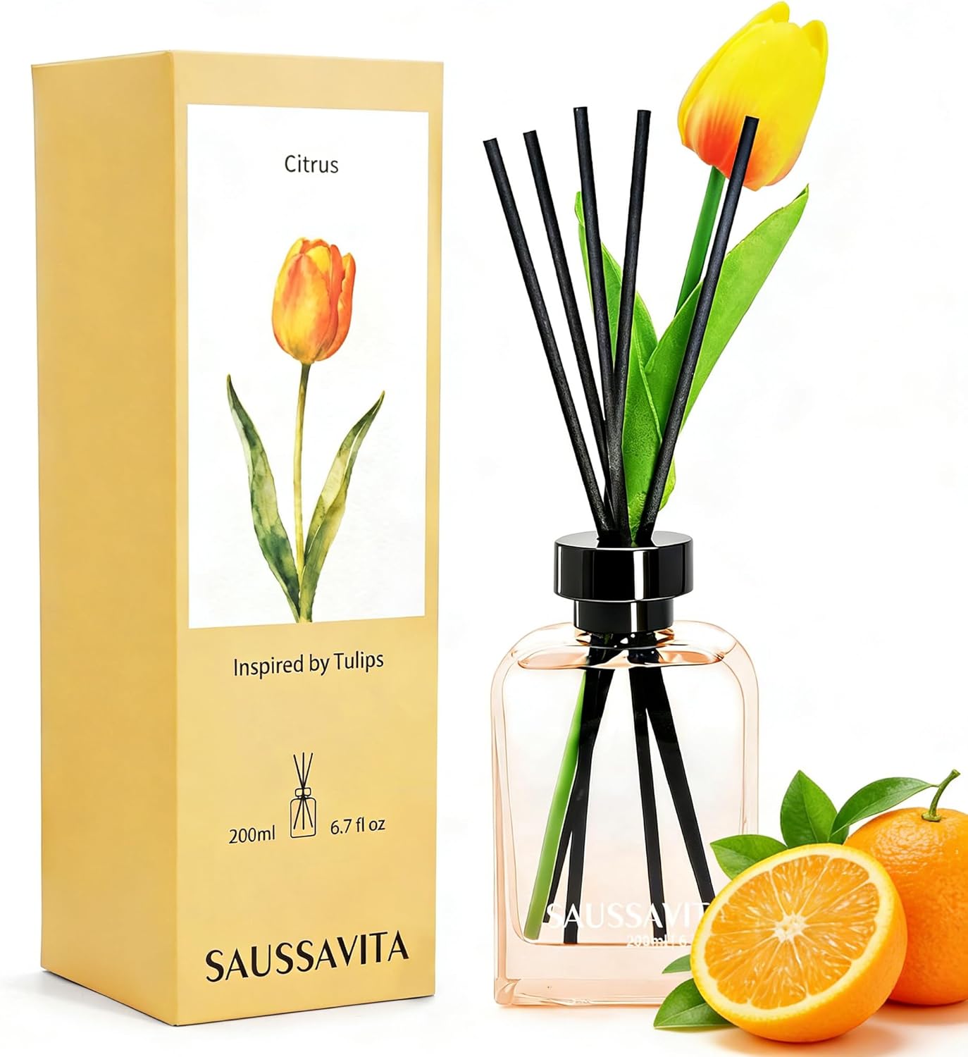 Reed Diffuser Set Citrus Orange Blossom Scent with 10 Sticks & Tulip Flowers Decor, 200ml Diffusers Narrow Spaces for 120 Days, Home Fragrance Air Freshener Long Lasting for Bathroom Office