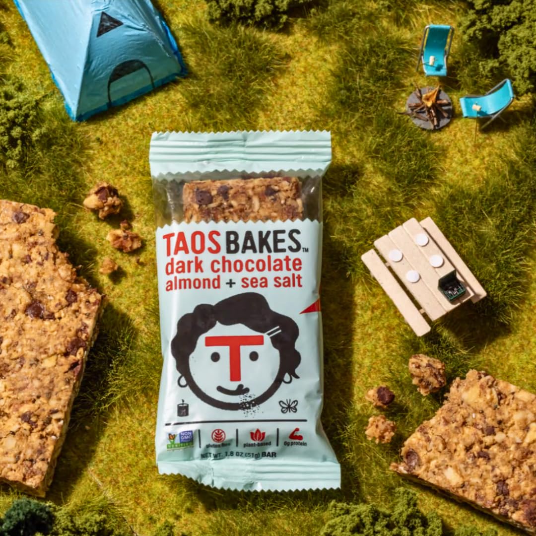 Taos Bakes - Snack Bars - Dark Chocolate Almond + Sea Salt - Protein Bars - 8g of Protein, High Fiber, Vegan, Gluten Free, & Non-GMO - Healthy Snacks for Adults & Kids - (12 Pack, 1.8oz Bars)