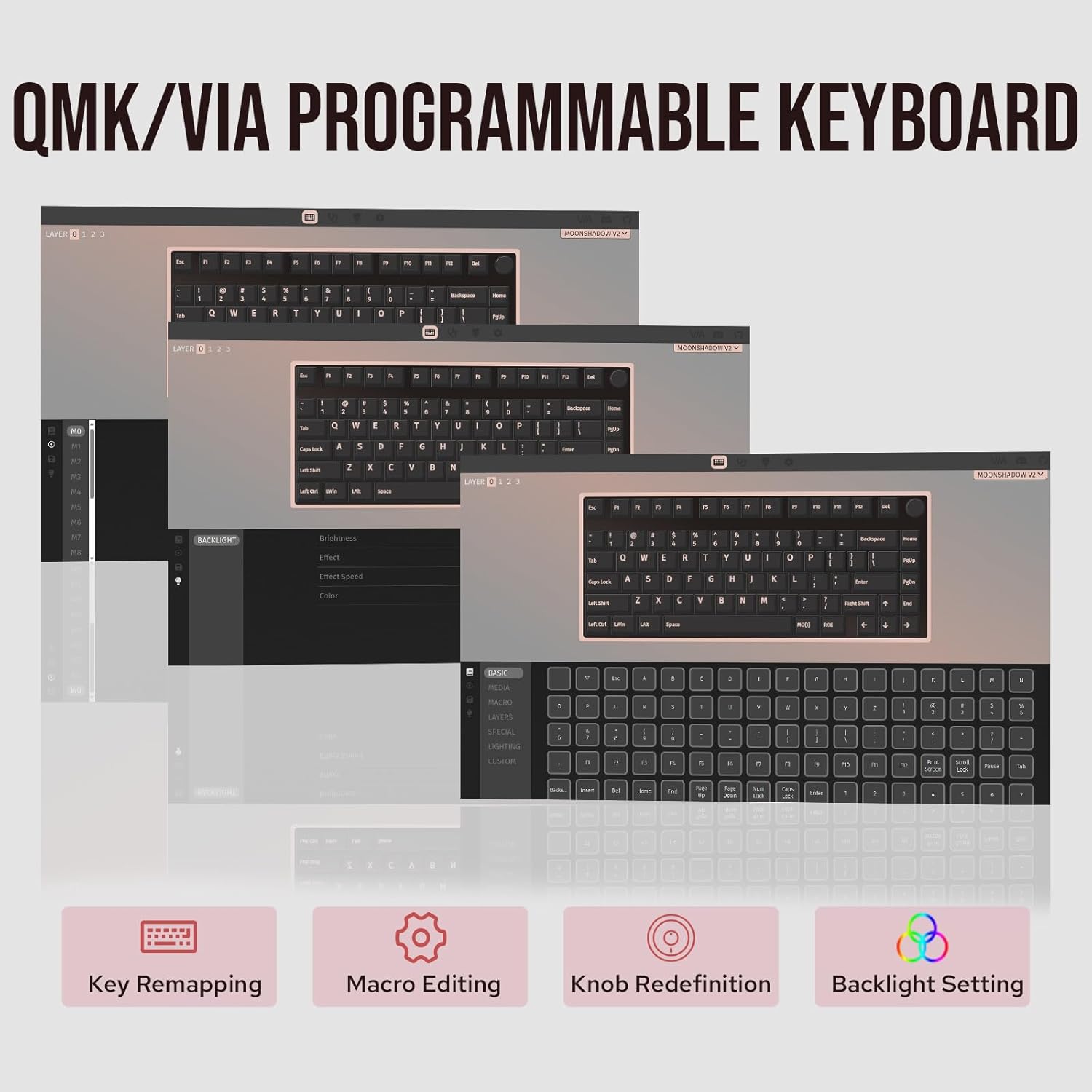KiiBoom Moonshadow V2 75% Wireless Aluminum Gaming Keyboard, QMK&VIA Programmable, BT5.0/2.4GHz/USB-C, Hot-Swappable Creamy Mechanical Keyboard with FR4 Plate, Knob, 4000mAh Battery (Pink)