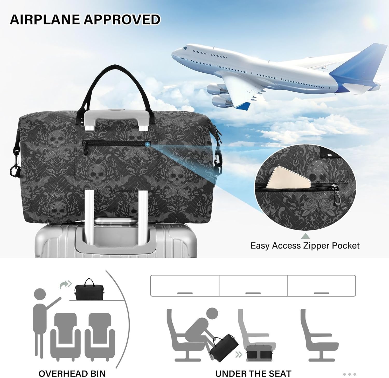 Gothic Skull Quilted Travel Bags Weekender Duffle Bags With Toiletry Bag Carry on Overnight Duffels Yoga Gym Bag for Airplanes Business Sports