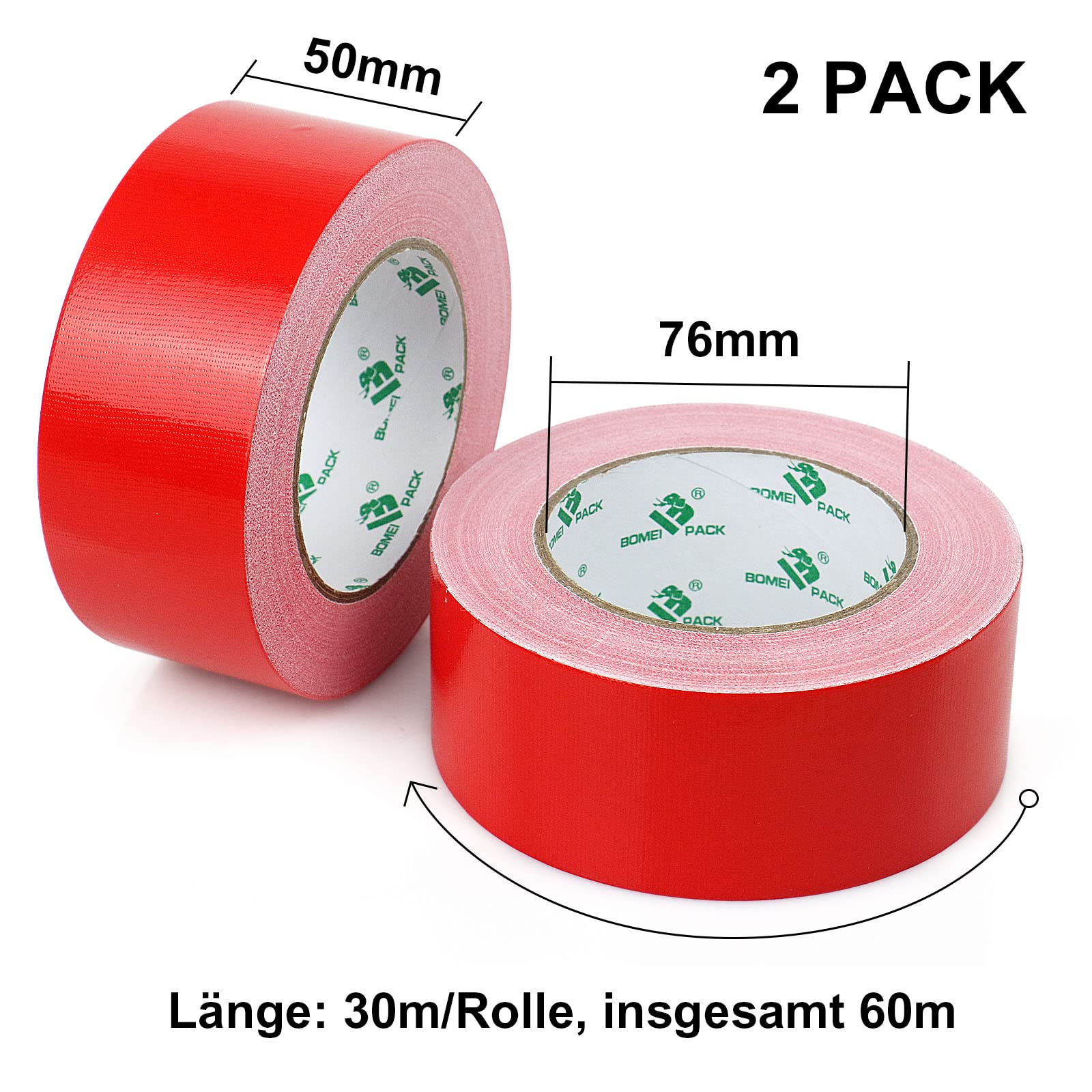 BOMEI PACK Lot de 2 rouleaux de ruban adhésif rouge de 50 mm x 30 m – Ruban adhésif et imperméable pour réparation professionnelle et ruban Gaffer en tissu super résistant