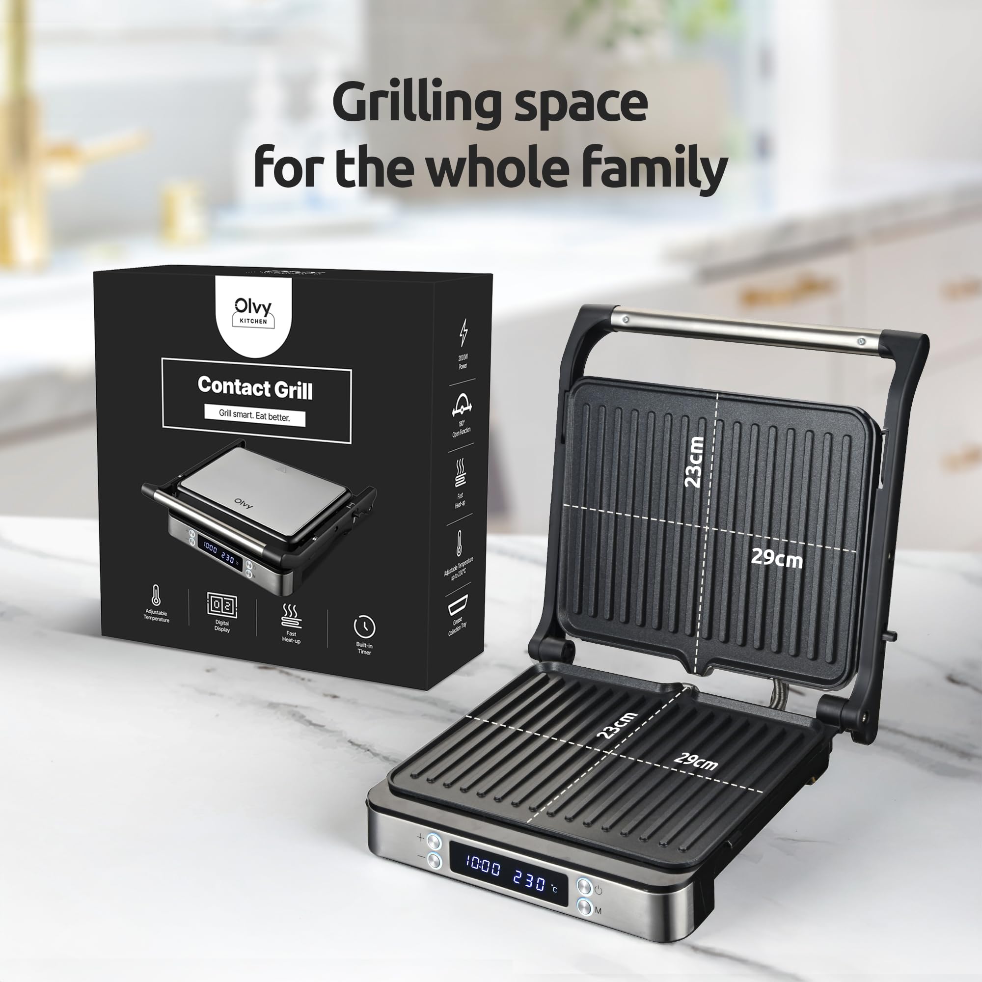 Olvy Cyfrowy grill kontaktowy z płytkami nieprzywierającymi, urządzenie do kanapek 3 w 1, grill otwarty w 180°, regulacja temperatury, timer, duża powierzchnia gotowania, uchwyt Cool-Touch, srebrny