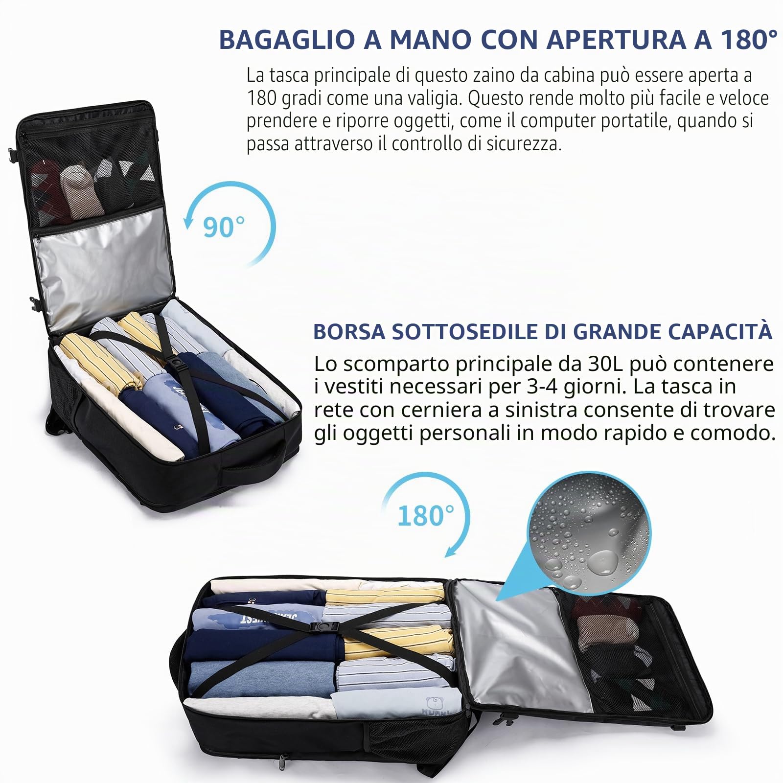 Zaino da Viaggio 55x40x20 44L Borsa da Cabina Antifurto Nero