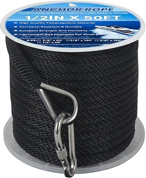 Anchor Rope 50FT x 1/2in,Premium Solid MFP Braided Anchor Rope Anchor Line,Boat Anchor Ropes with Stainless Steel Thimble & Snap Hook,Marine Rope for Anchors and Boats Black