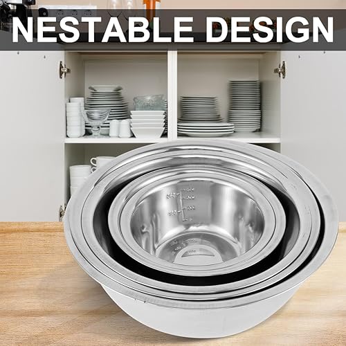 Miniatura 6 de Tazones para mezclar de acero inoxidable, juego de 5 cuencos para mezclar con marcas de escala, cuencos anidables para cocina, almacenamiento de