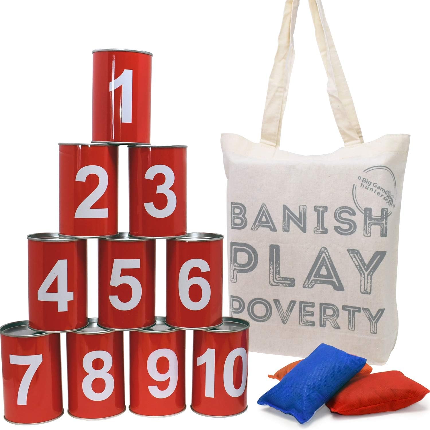 Big Game Hunters Tin Can Alley, 10 Metal Tins and 3 Bean Bags, Outdoor Throwing Toy, Children's Garden Game in Cotton Bag (Red)